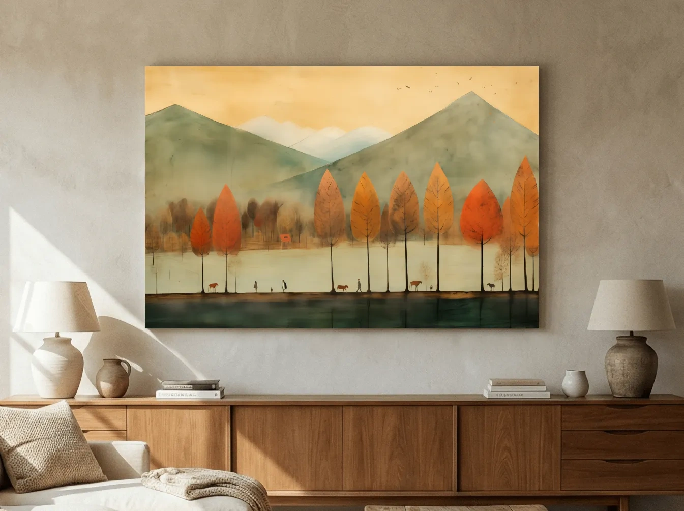 Autumn Tree Lined Lake Landscape - Quirky Watercolor Style Wall Art