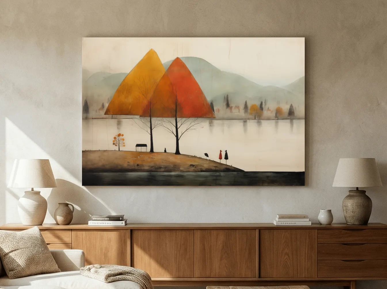 Autumn Mountains Over Misty Lakeside - Quirky Landscape Artwork