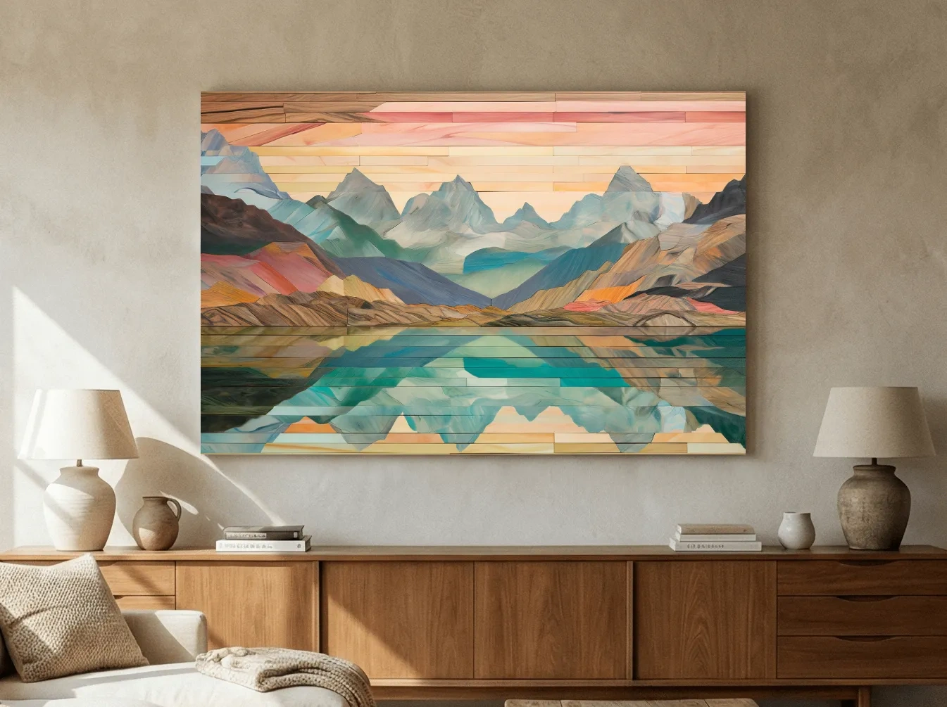 Alpine Lake Mountain Reflection - Layered Wooden Style Landscape Wall Art