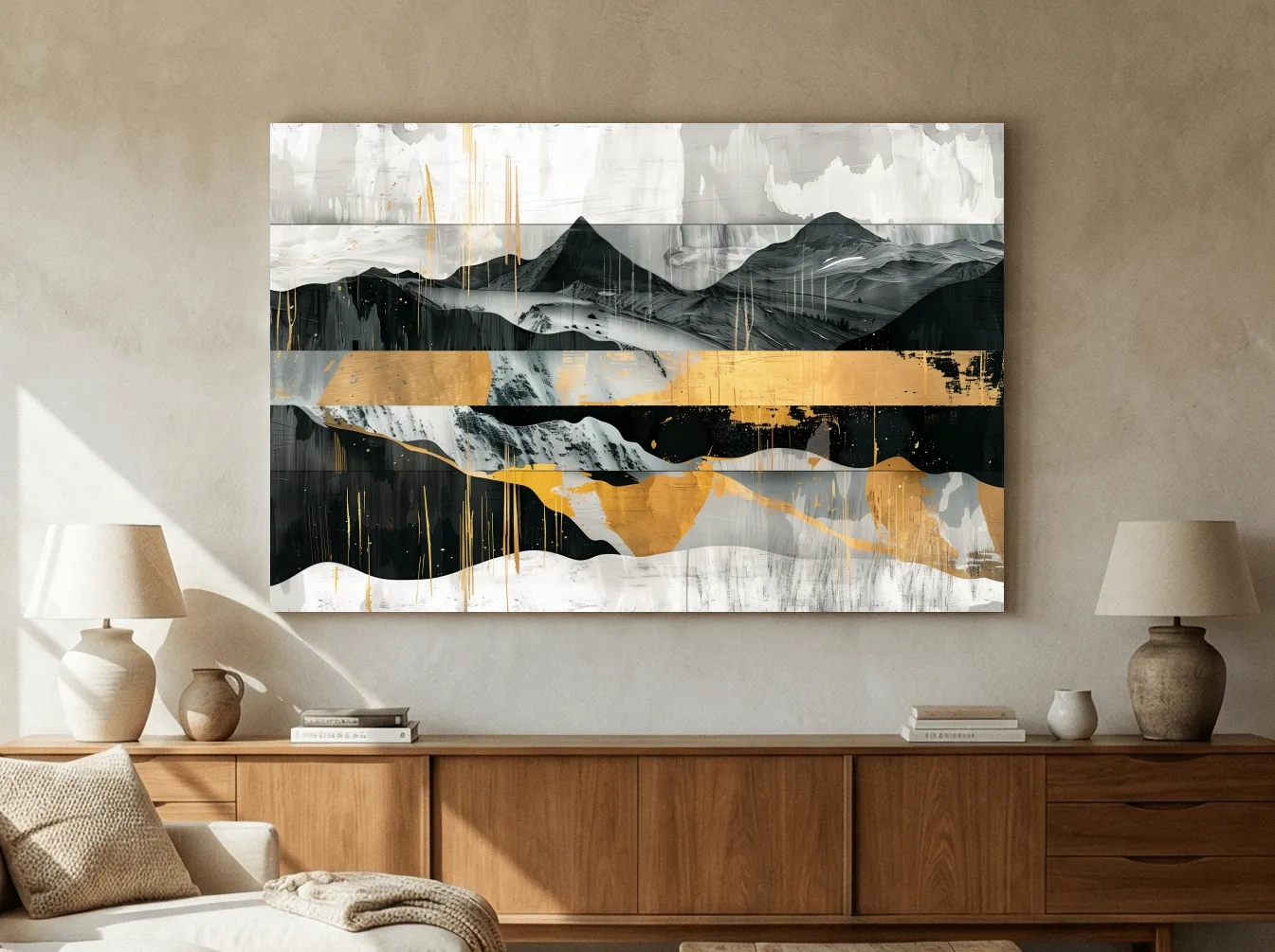 Abstract Monochrome Mountain Range With Gold Accents - Modern Mixed Media Landscape Wall Art