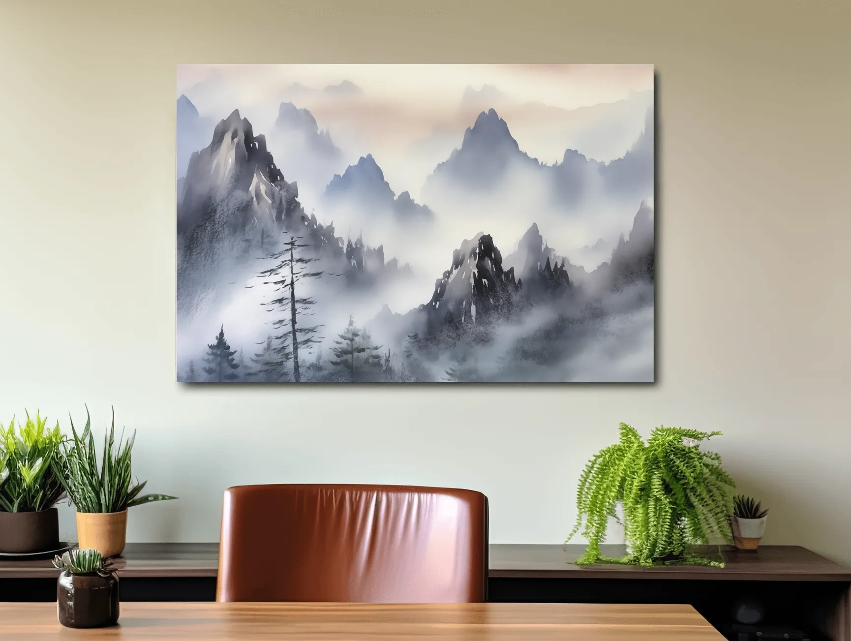 Chinese traditional ink wash style watercolour painting of foggy mountains