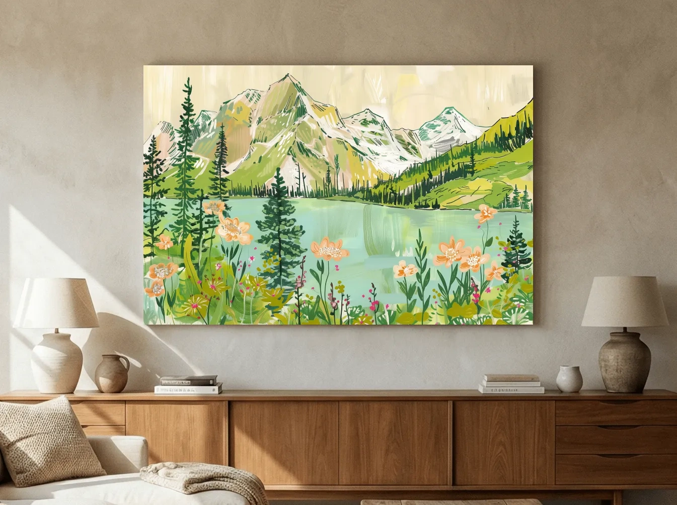 Whimsical Alpine Lake Wildflower Stylized Painting - Mountain Meadows Wall Art