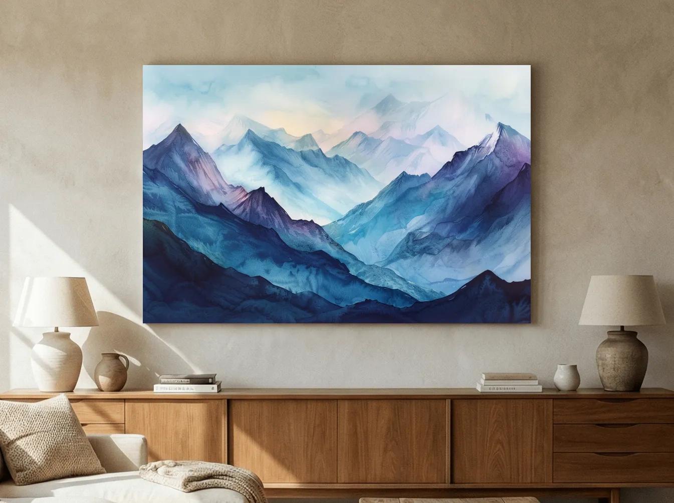 Misty Blue Watercolor Mountain Range Artwork - Serene Colourful Landscape Wall Art