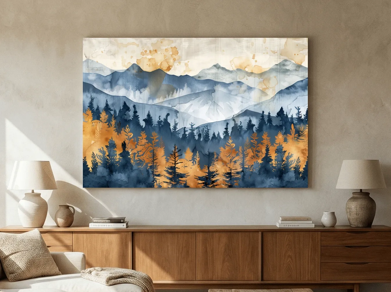 Watercolor Mountain Forest Landscape - Abstract Golden Autumn Pines Wall Art