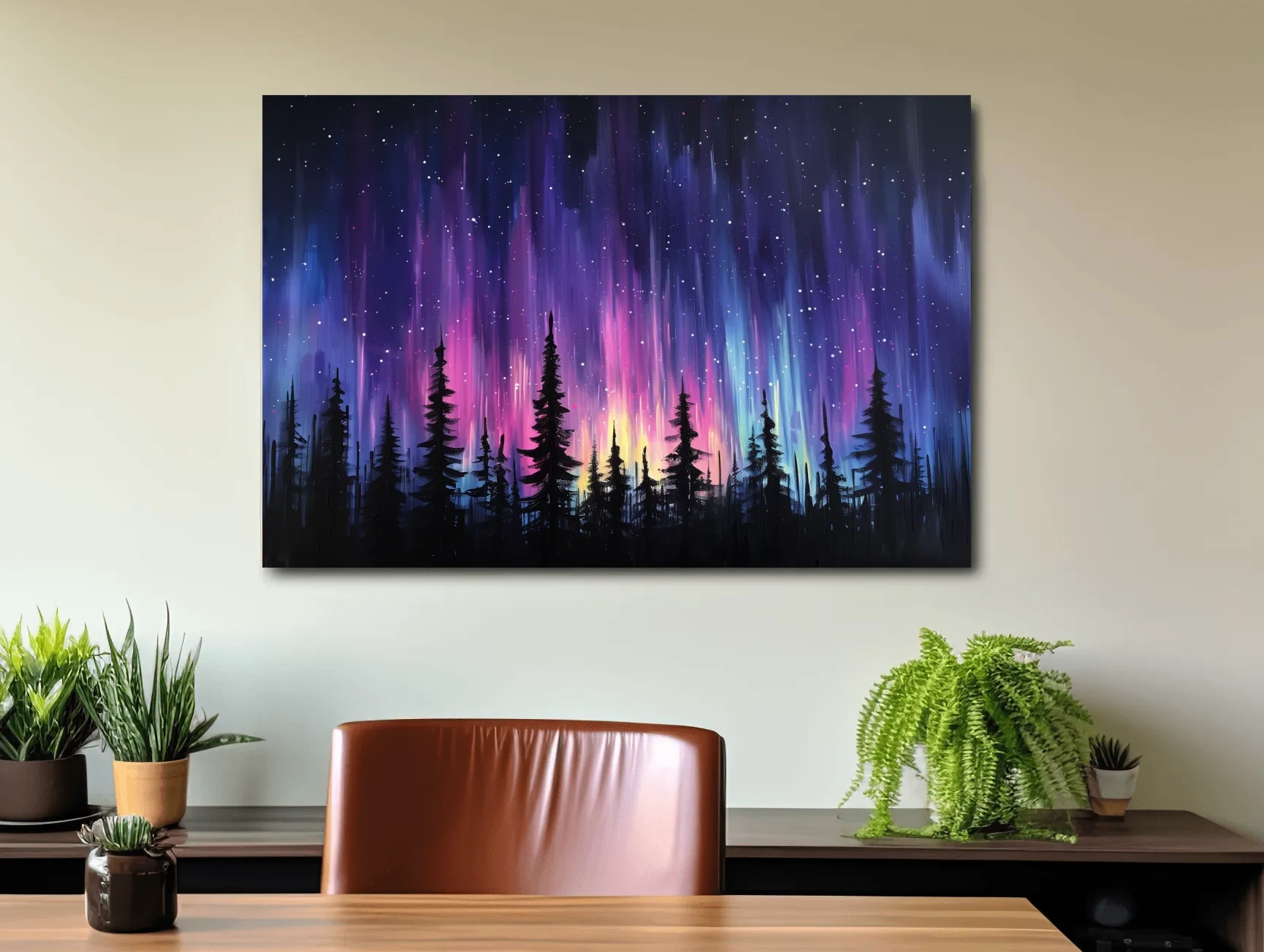Vibrant Purple Northern Lights & Silhouetted Pine Forest - Aurora Borealis Painting Wall Art