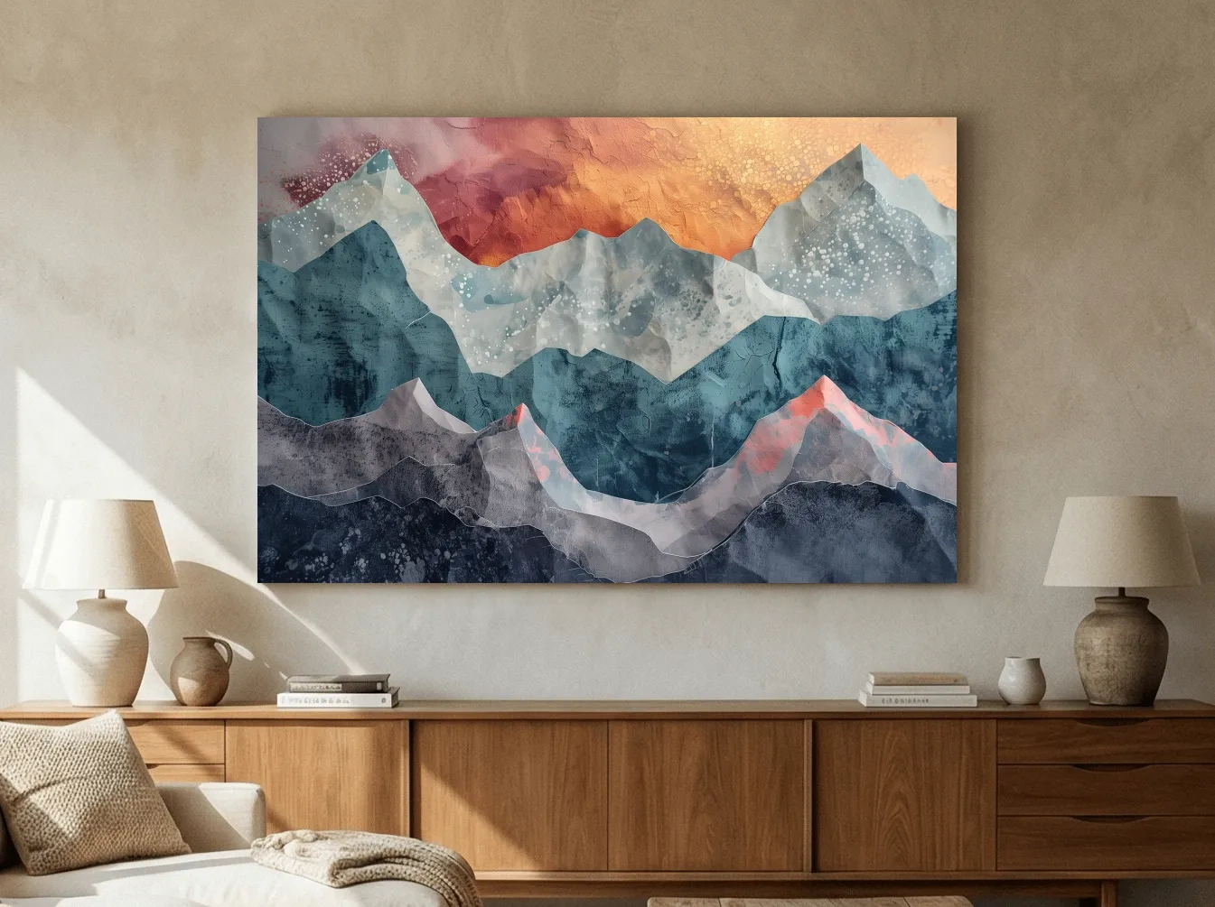 Layered Abstract Mountain Range Sunset - Modern 3D Mixed Media Landscape Wall Art