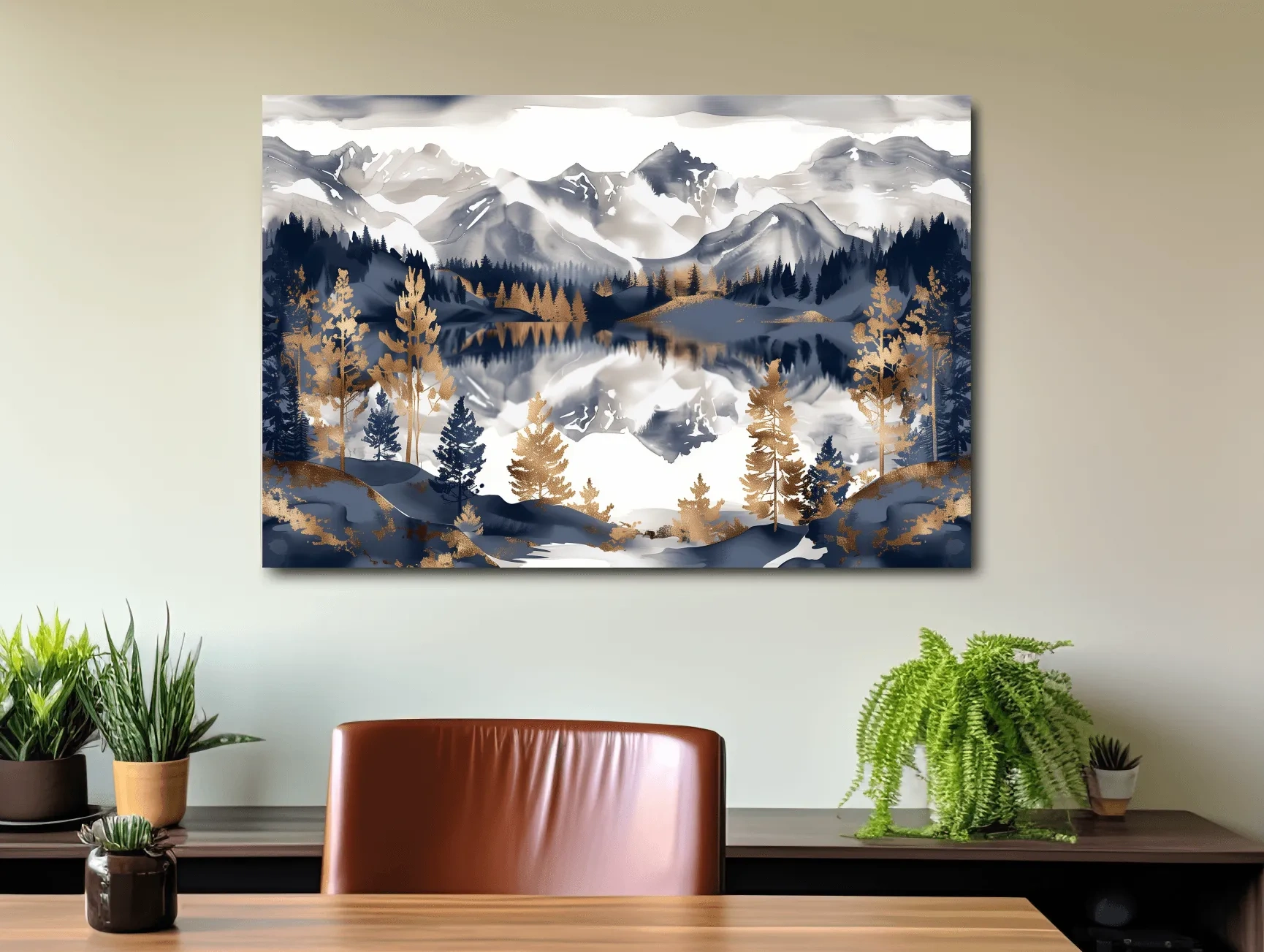 Gold Leaf Style Watercolor Alpine Lake Reflection - Mountain Landscape Artwork