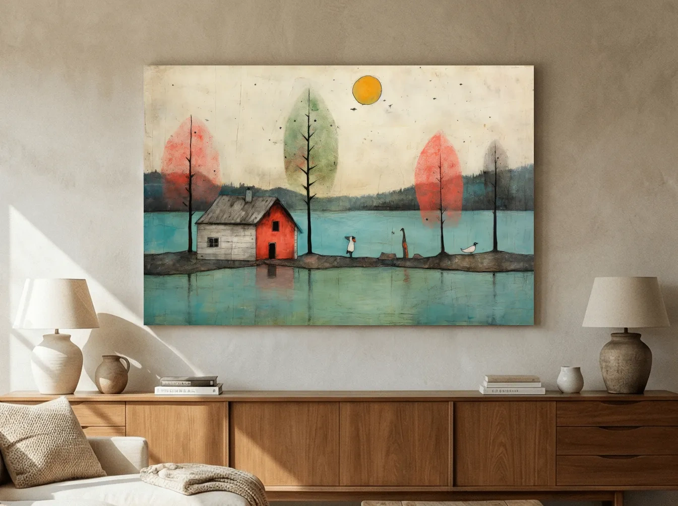 Whimsical Lakeside Cabin Illustration - Rustic Folk Landscape Wall Art