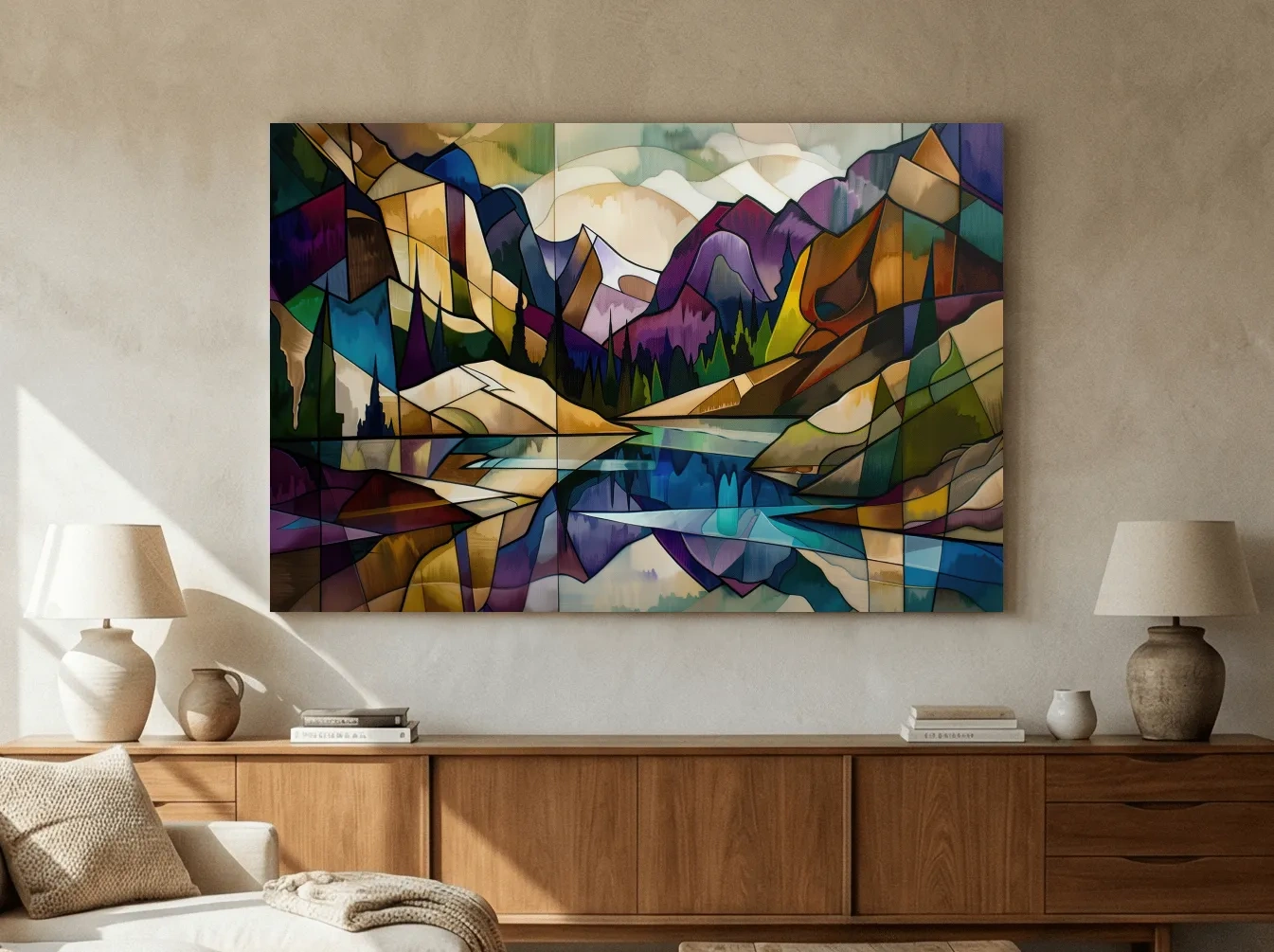 Abstract Stained Glass Mountain Lake Landscape - Colorful Geometric Alpine Wall Art