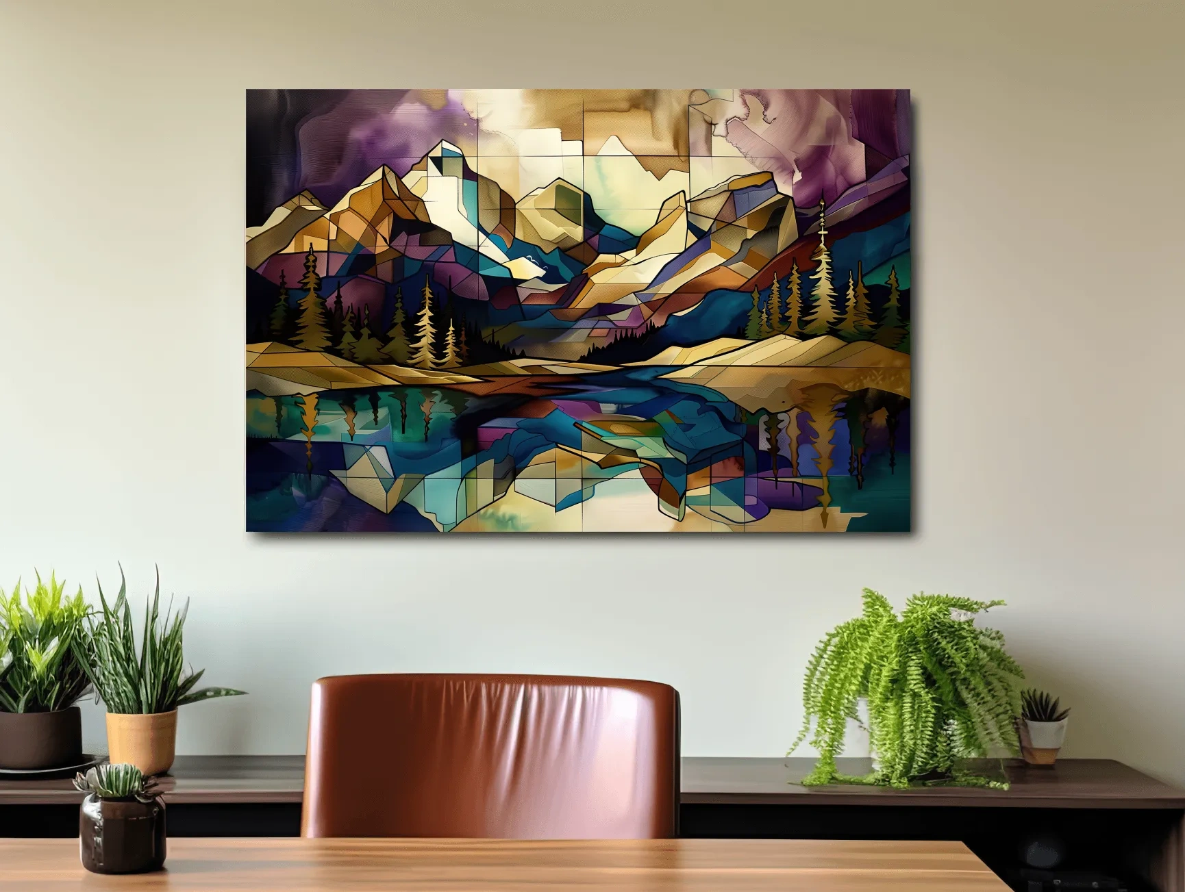 Treelined alpine lake and mountain scene, mixed media style colorful abstract painting