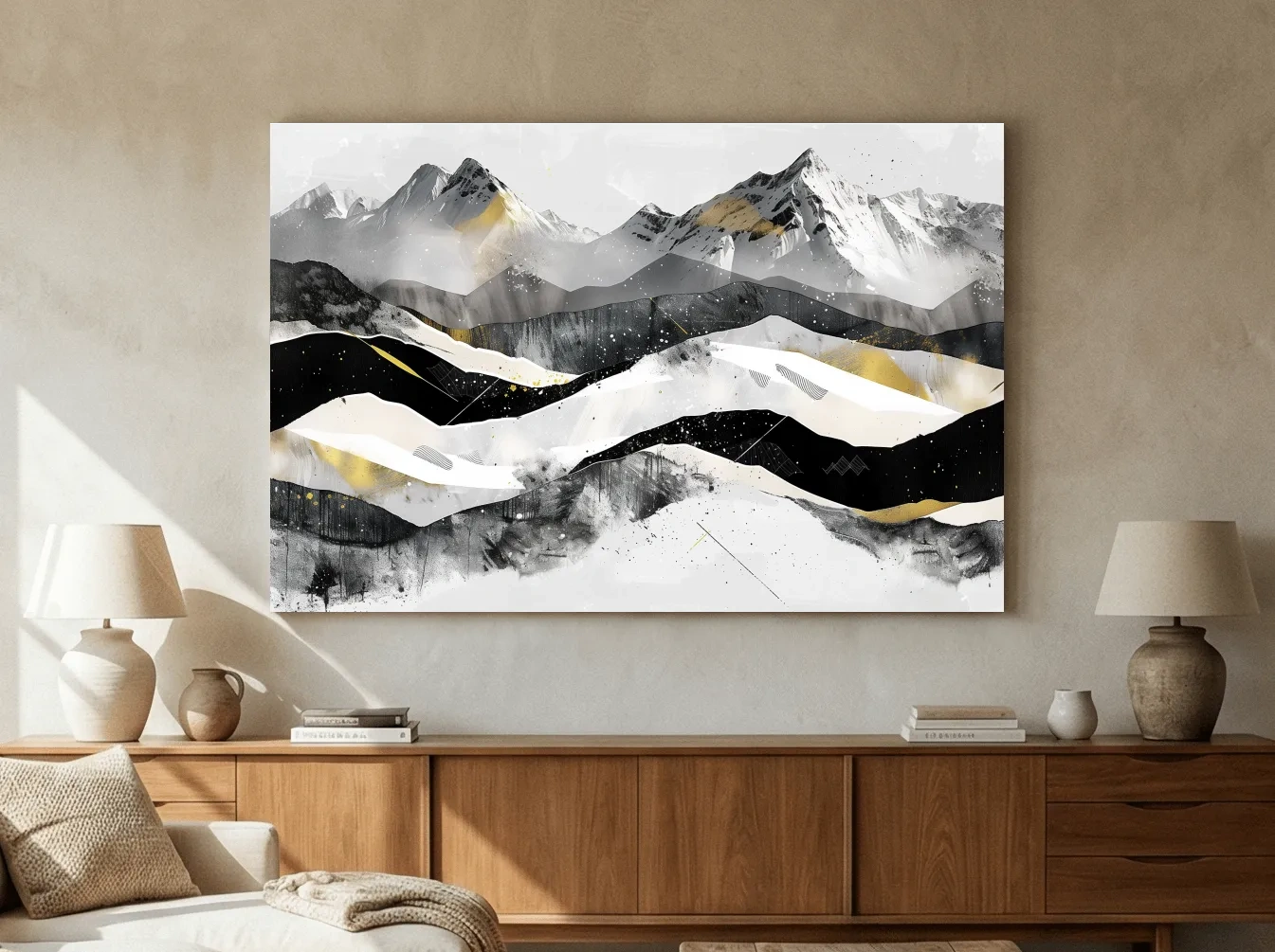 Abstract Mountain Range With Gold Accents - Modern Alpine Landscape Wall Art