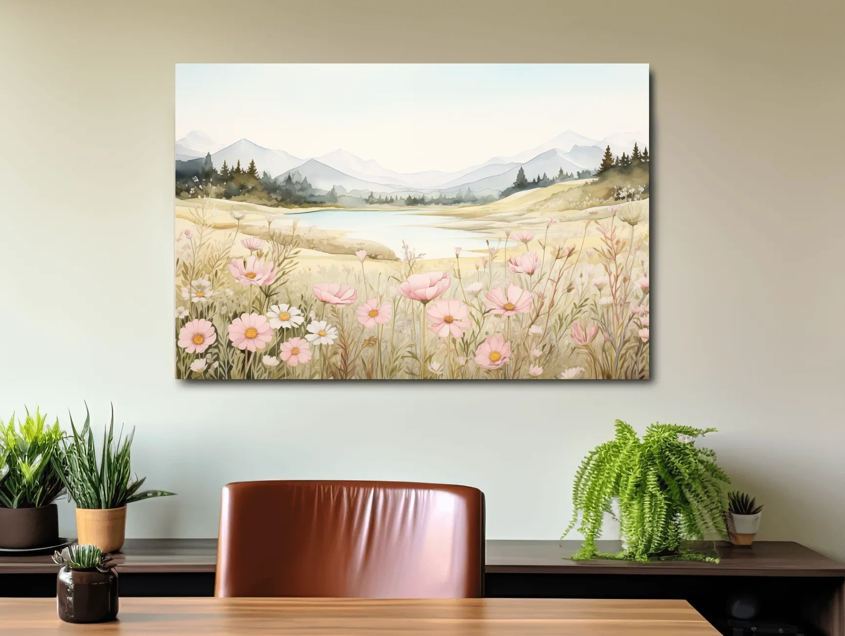 Soft Watercolor Wildflower Meadow Landscape - Serene Pastel Alpine Wall Art