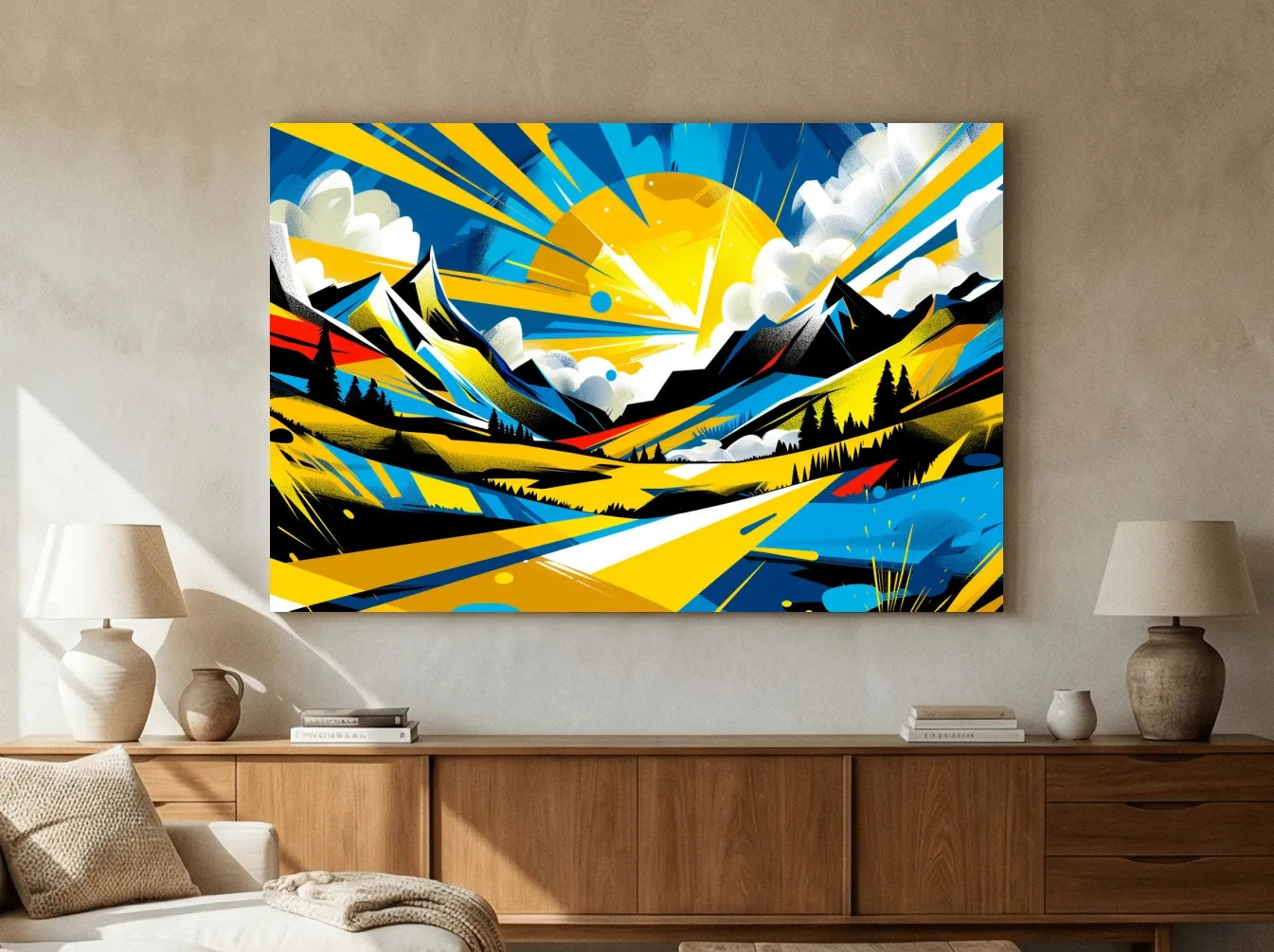 Vibrant Geometric Graffiti Mountain Sunset Landscape - Bold Pop Art Style Wall Art