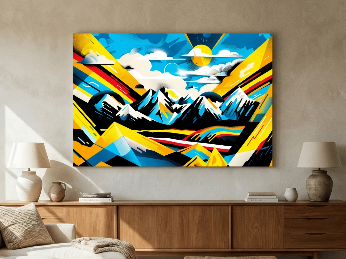 Vibrant Colorful Mountain Sunrise Illustration - Graffiti Style Landscape Wall Art
