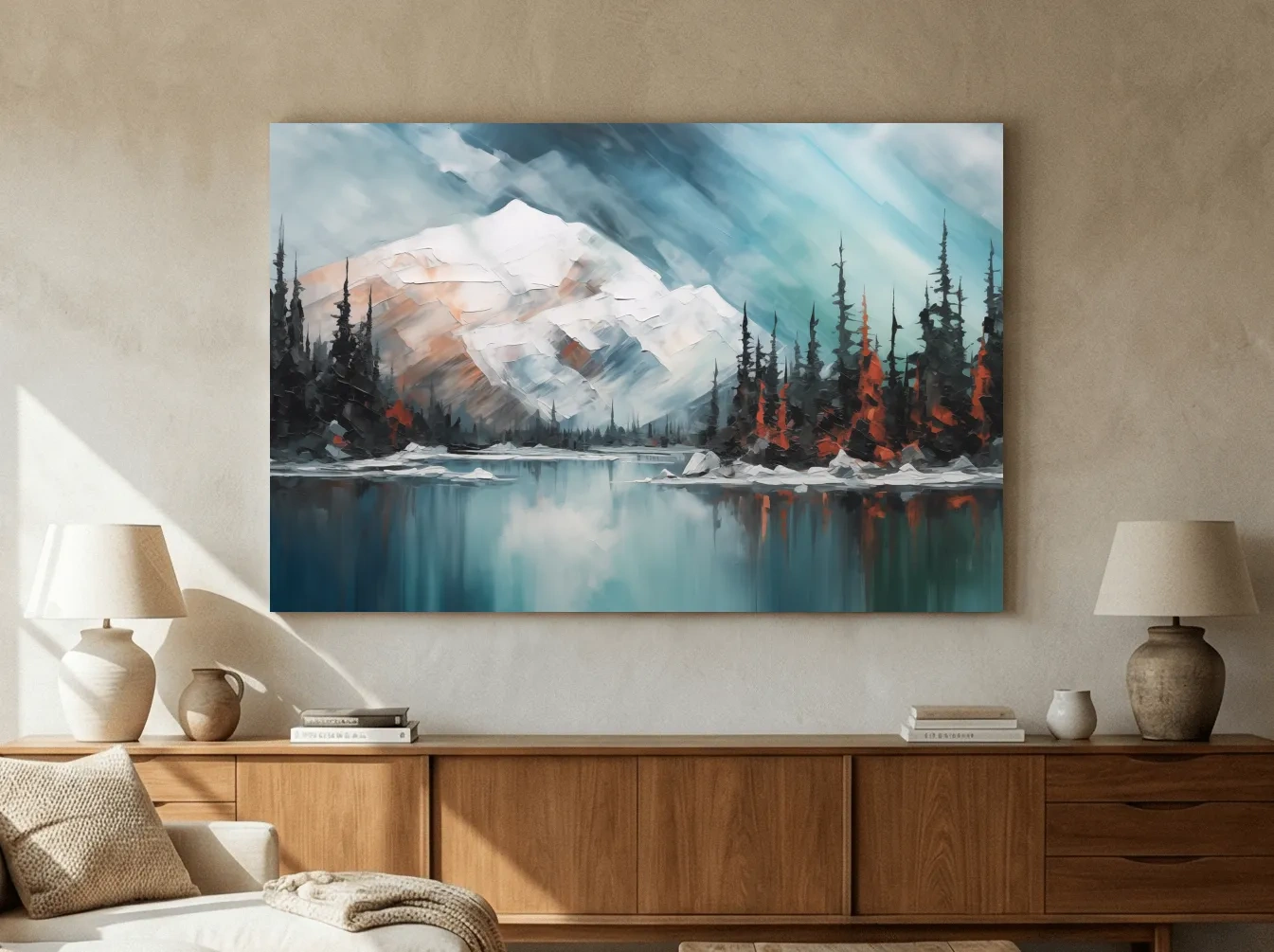 Alpine Glacier Lake Impasto Style Painting - Textured Forest Wall Art