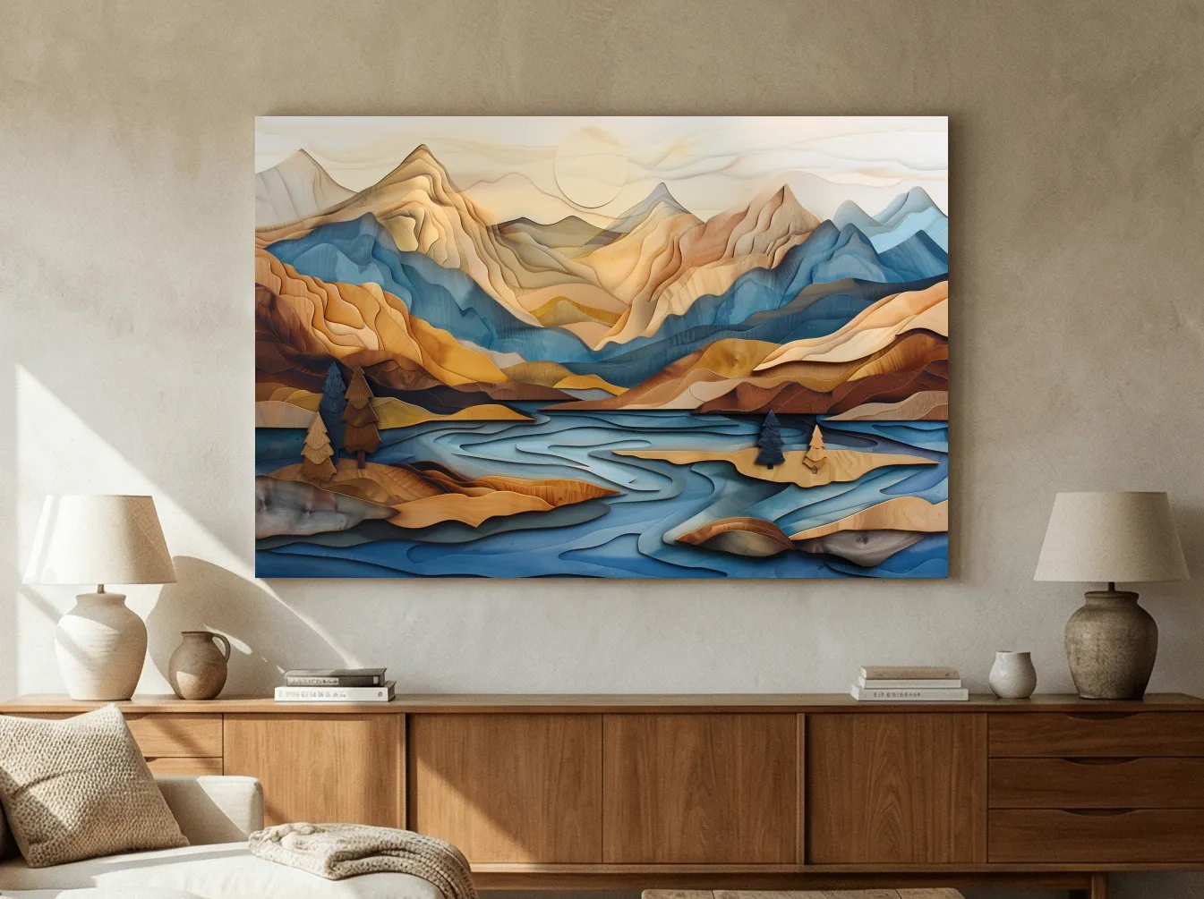 Wood Intarsia Style Alpine Mountain Lake Landscape - Modern Abstract Wall Art