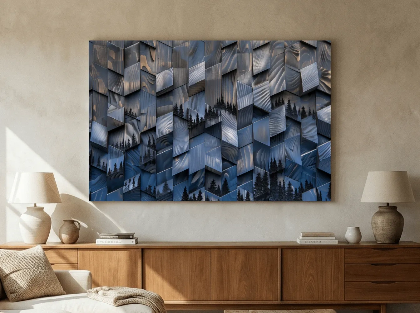 Wood Block Mountain Forest Collage - 3D Effect Abstract Landscape Wall Art