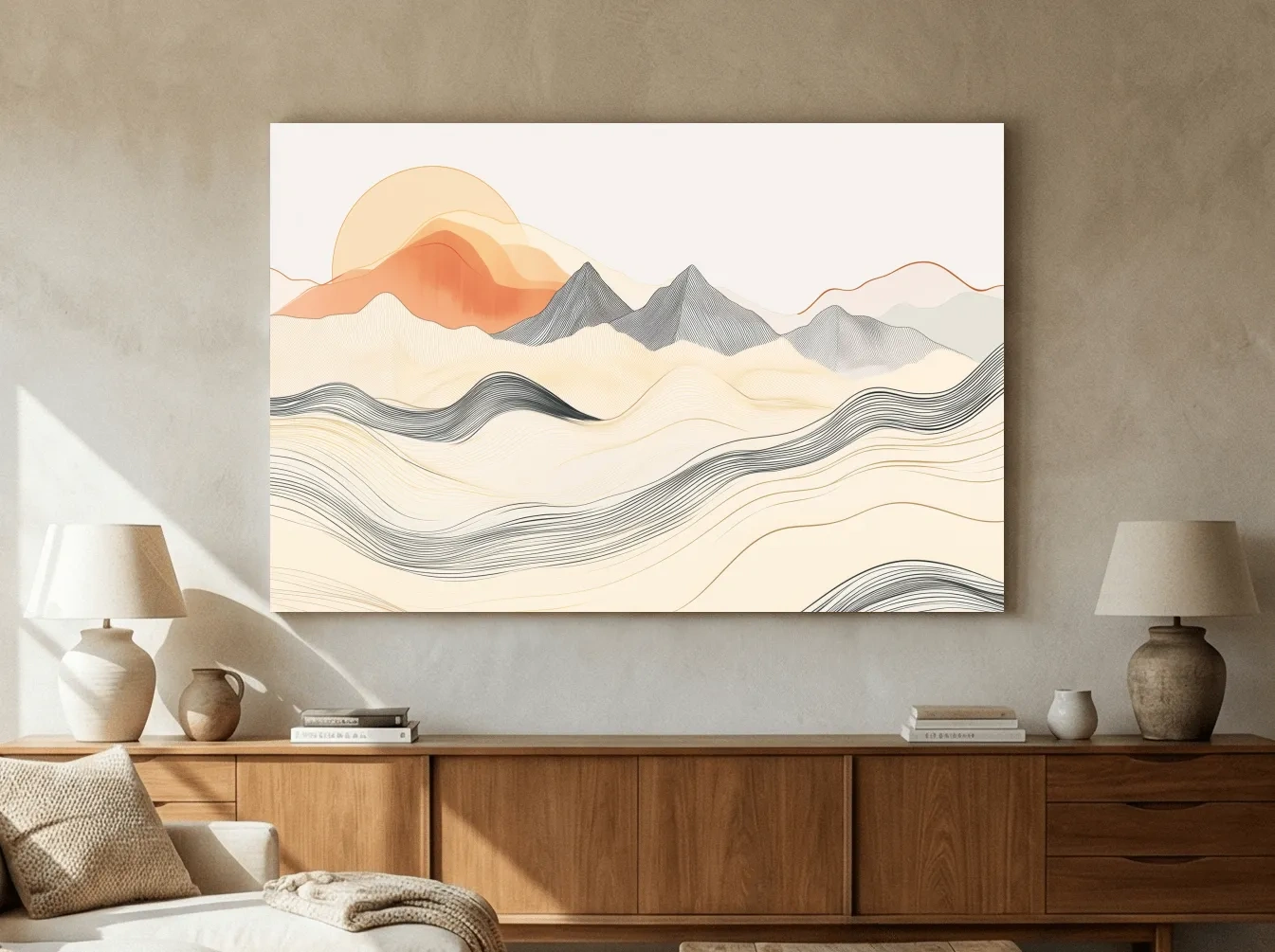 Minimalist Line Art Mountain Sunset - Abstract Landscape Wall Art