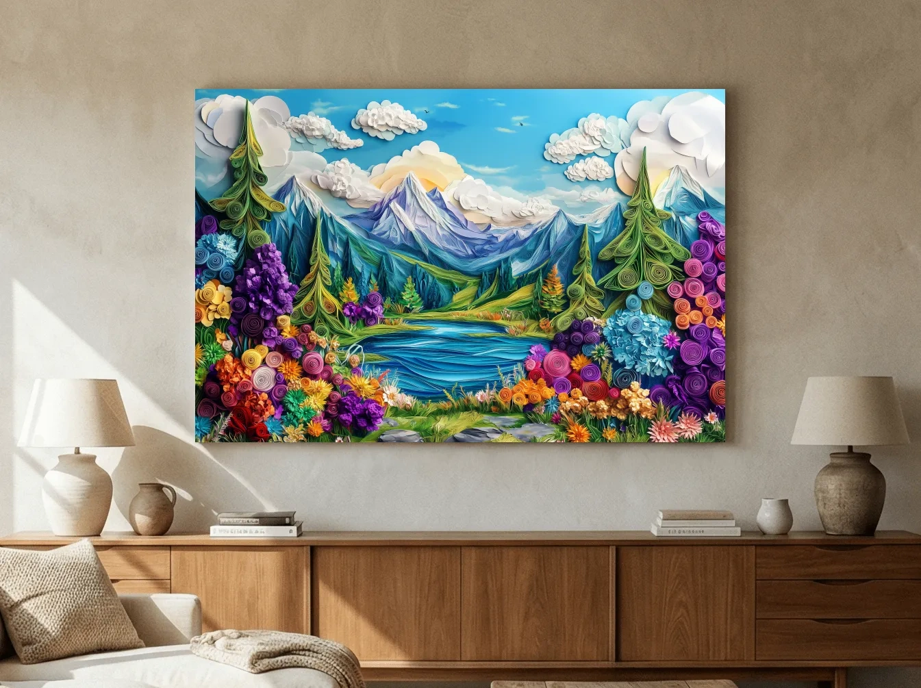 Colorful Paper Quilling Alpine Meadows Landscape - 3D Effect Nature Wall Art