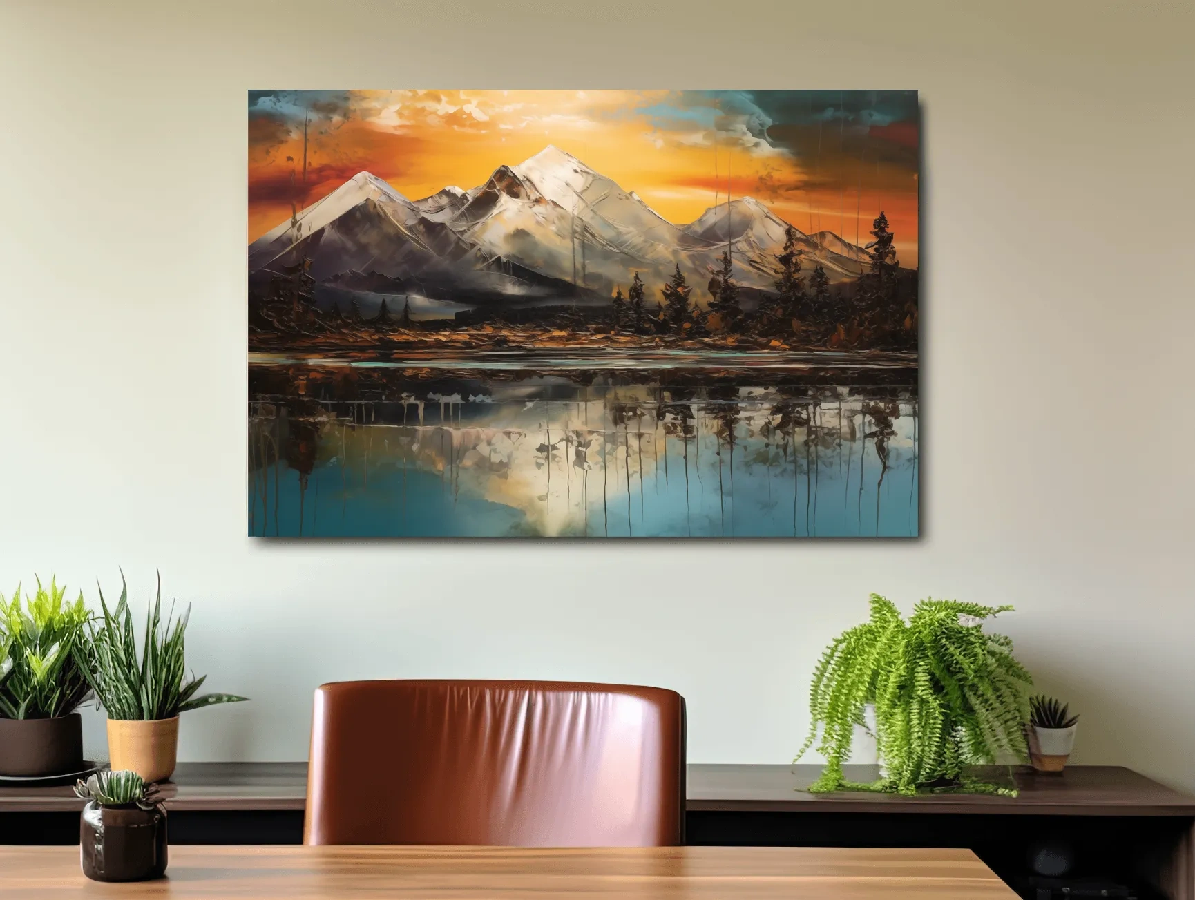 Abstract oil painting of an alpine lake at sunset