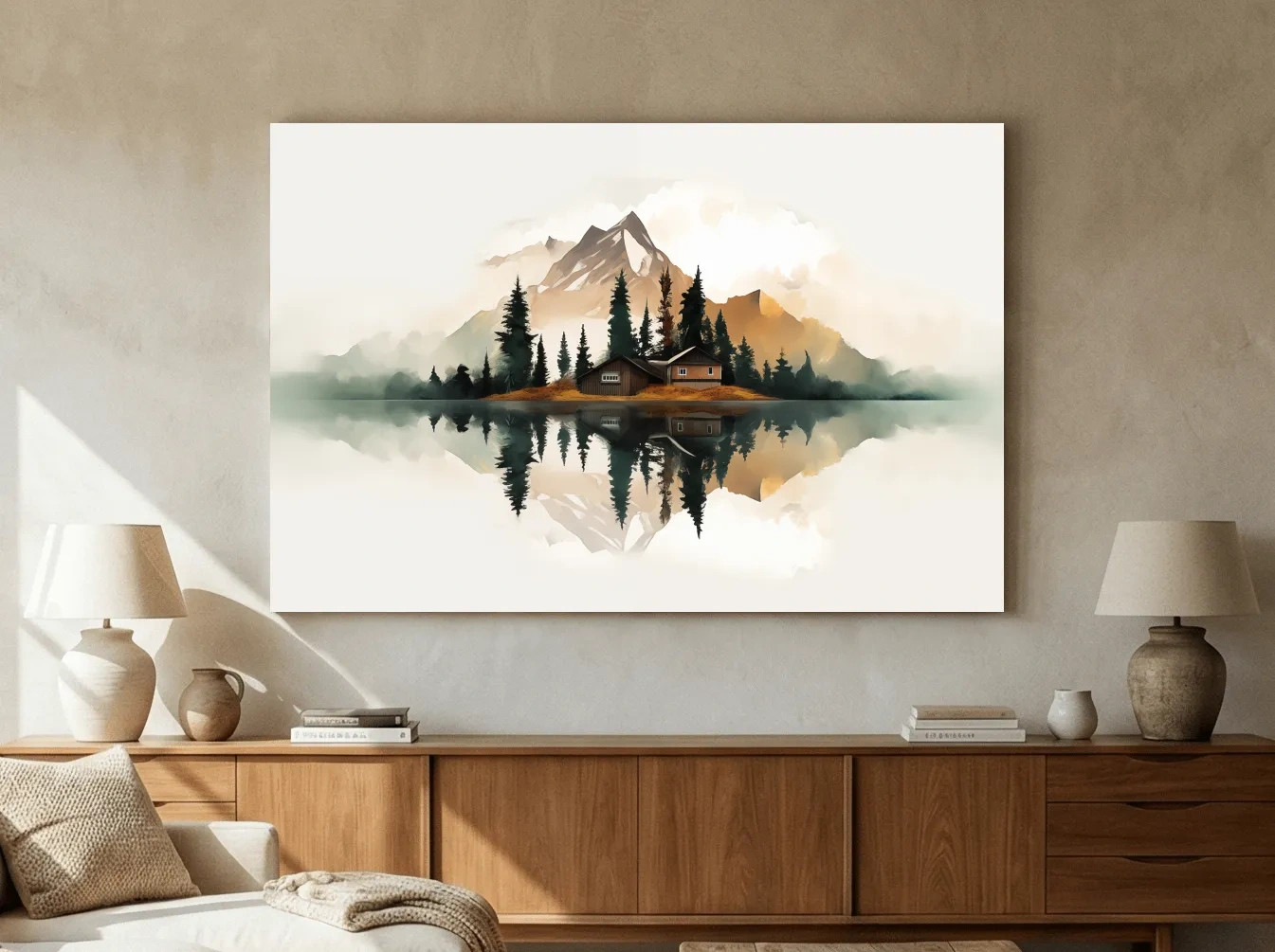 Minimalist Mountain Cabin Lake Reflection - Misty Watercolor Landscape Wall Art