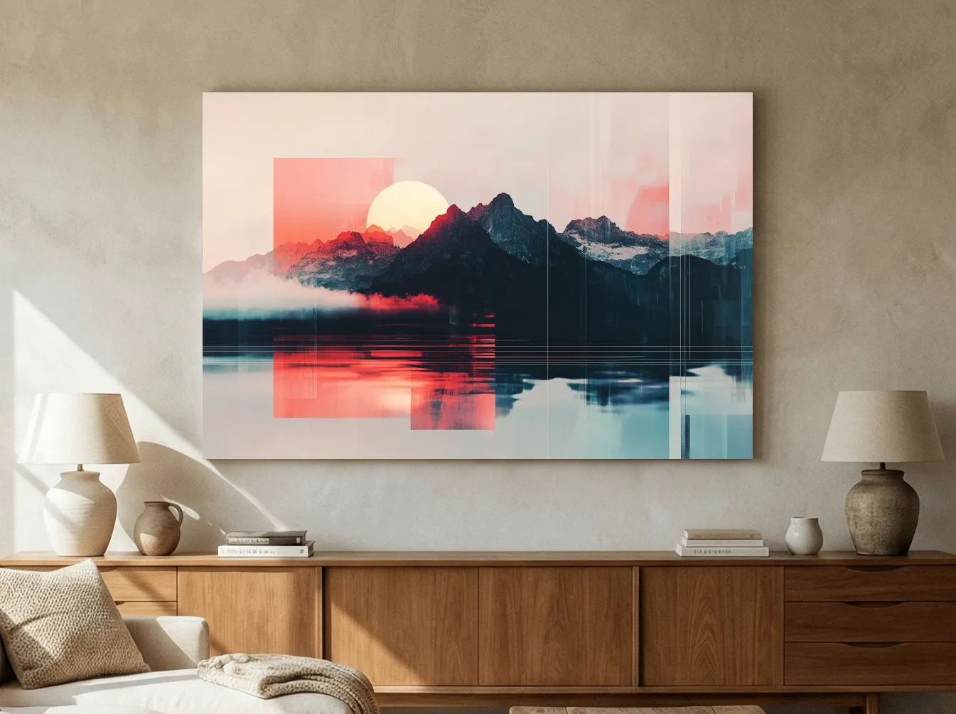 Abstract Alpine Mountain Sunset Reflection - Modern Geometric Glitch Wall Art