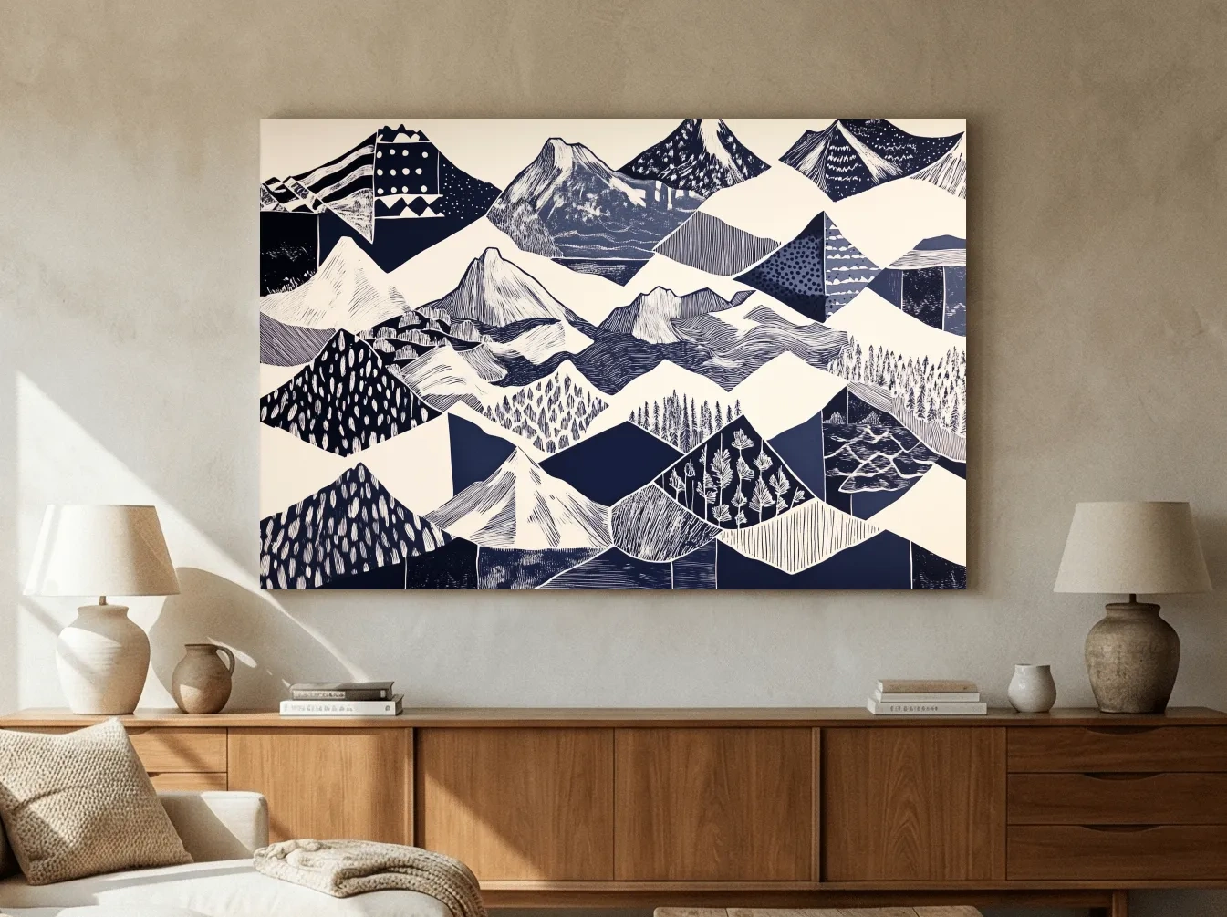 Linocut Patchwork Mountain Range Illustration - Modern Landscape Artwork