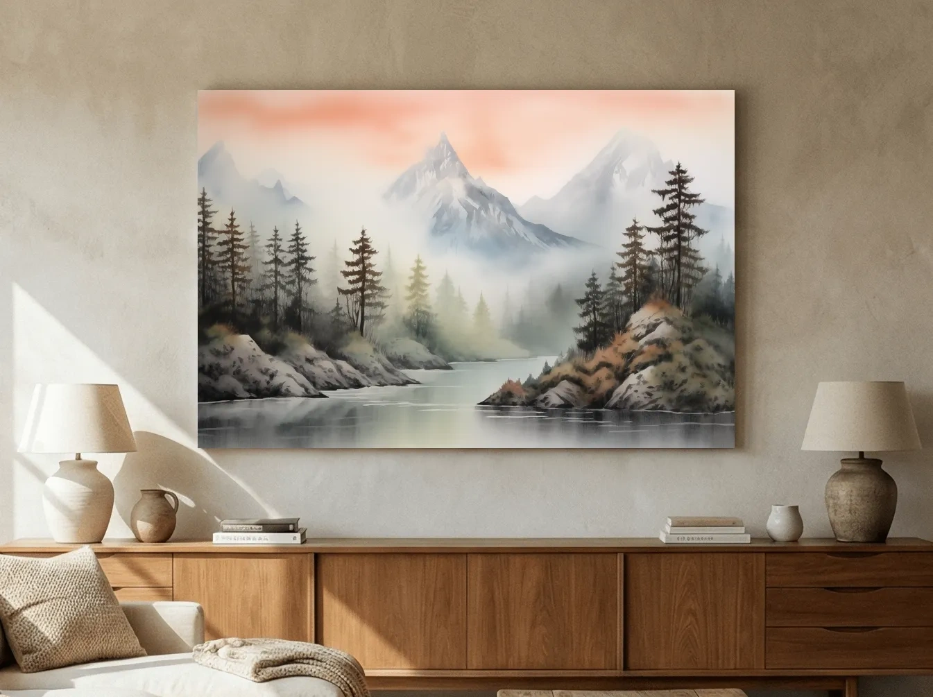 Misty Watercolor Mountain Lake Landscape - Serene Pine Forest Wall Art
