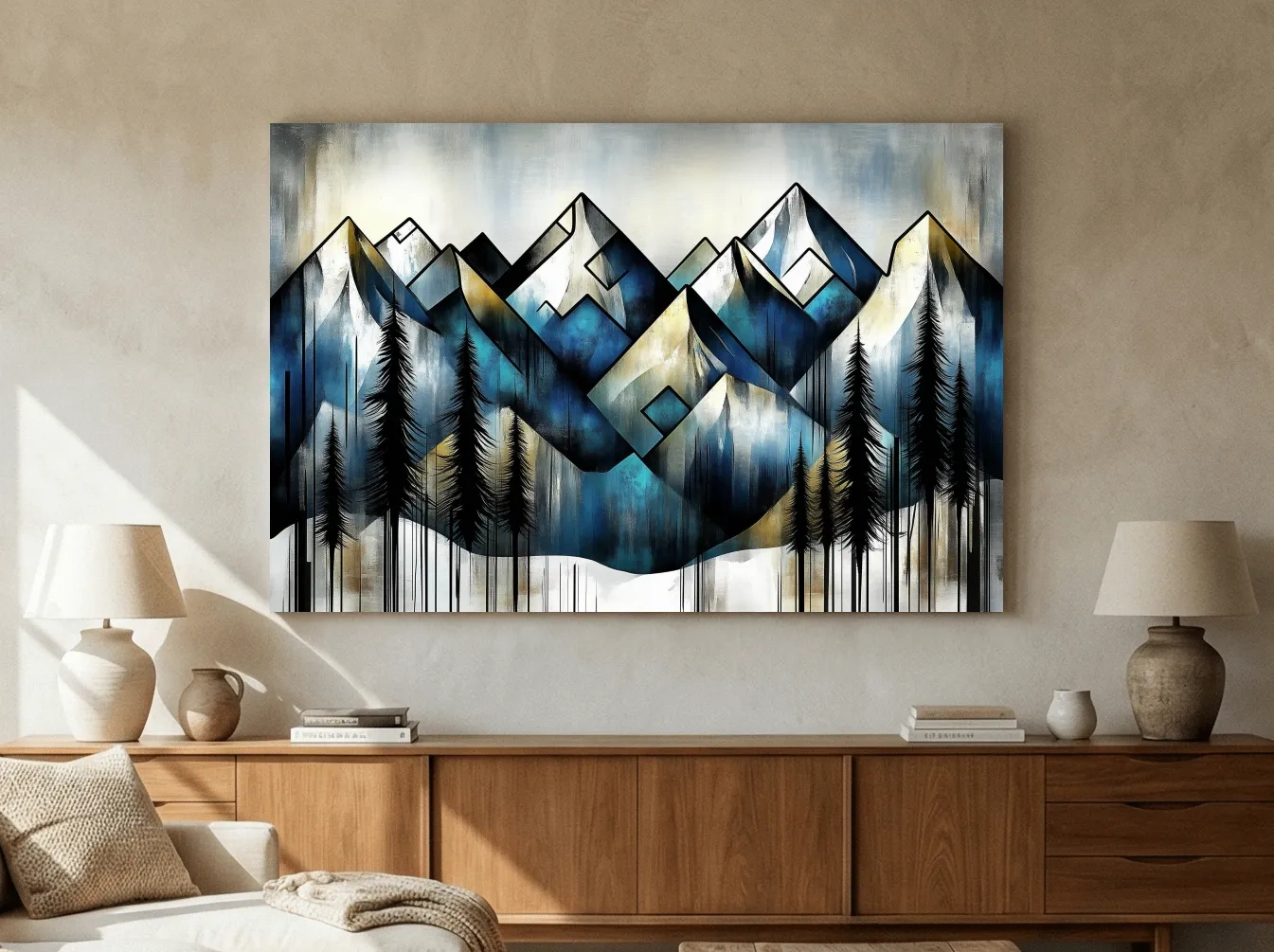Geometric Mountain Peaks With Pine Trees - Modern Abstract Landscape Artwork