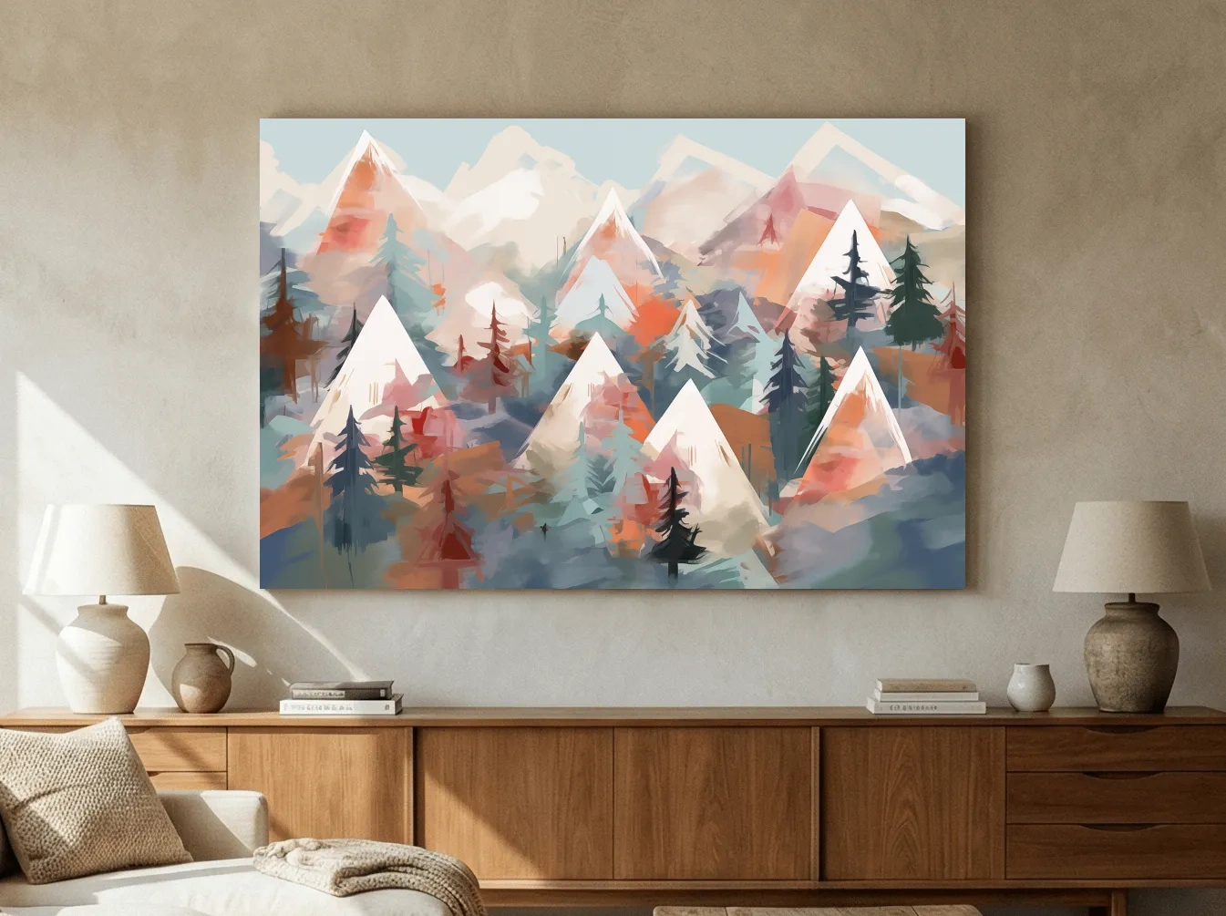 Abstract Alpine Peaks And Pine Forest - Pastel Watercolor Mountain Landscape Wall Art