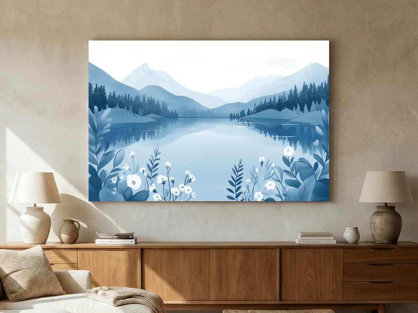 Serene Mountain Lake Illustration - Minimalist Alpine Landscape Wall Art