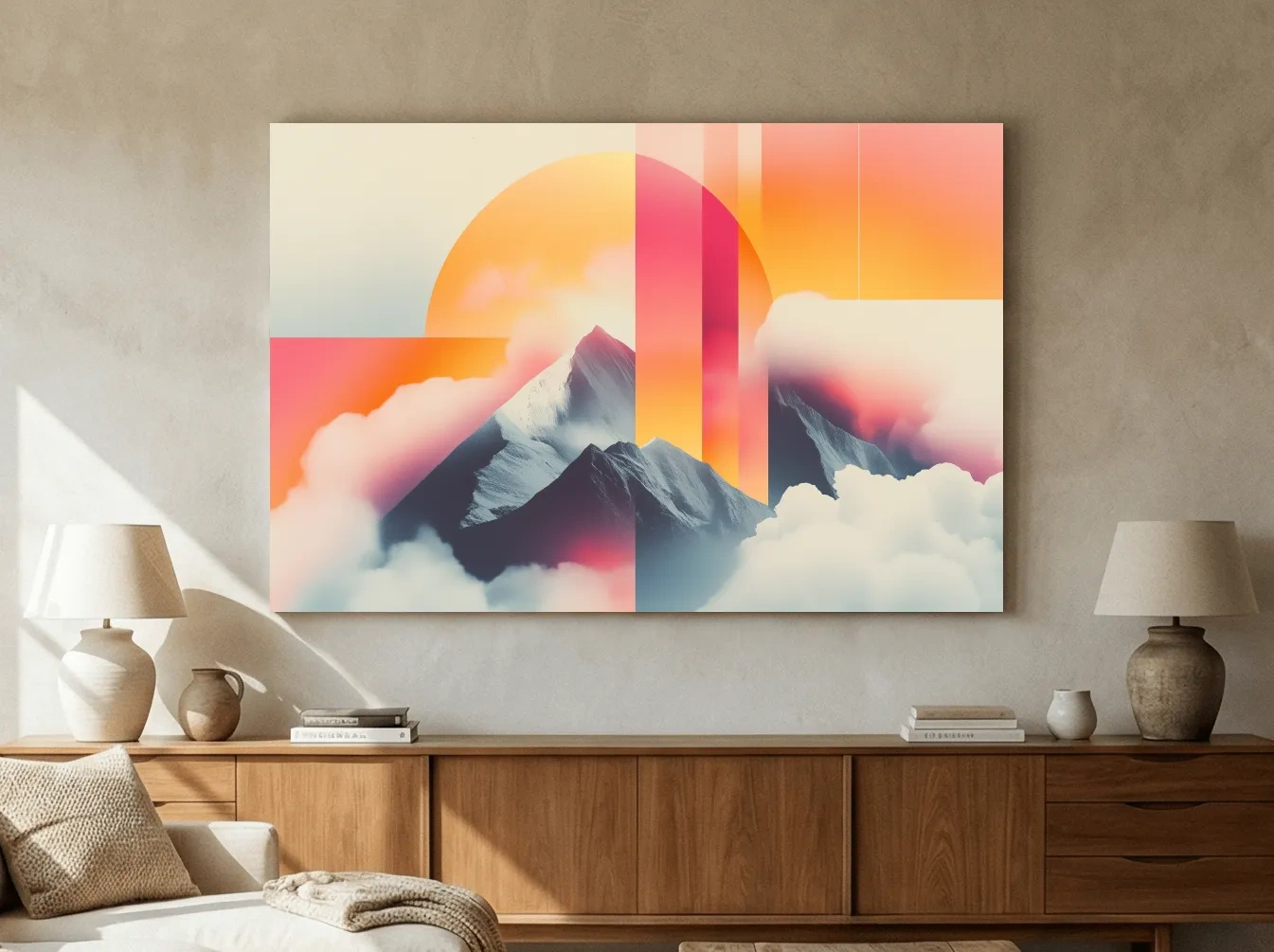 Surreal Retro Mountain Sunrise Wall Art - Abstract Artwork