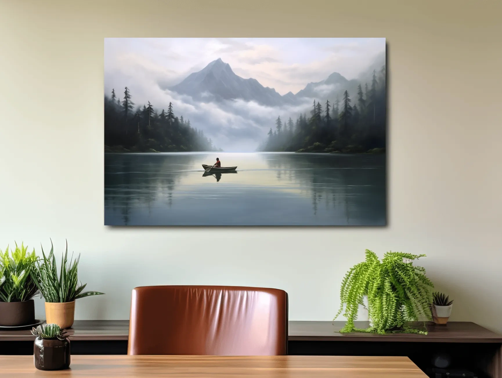 Misty Mountain Alpine Lake Canoe Scene - Serene Landscape Wall Art