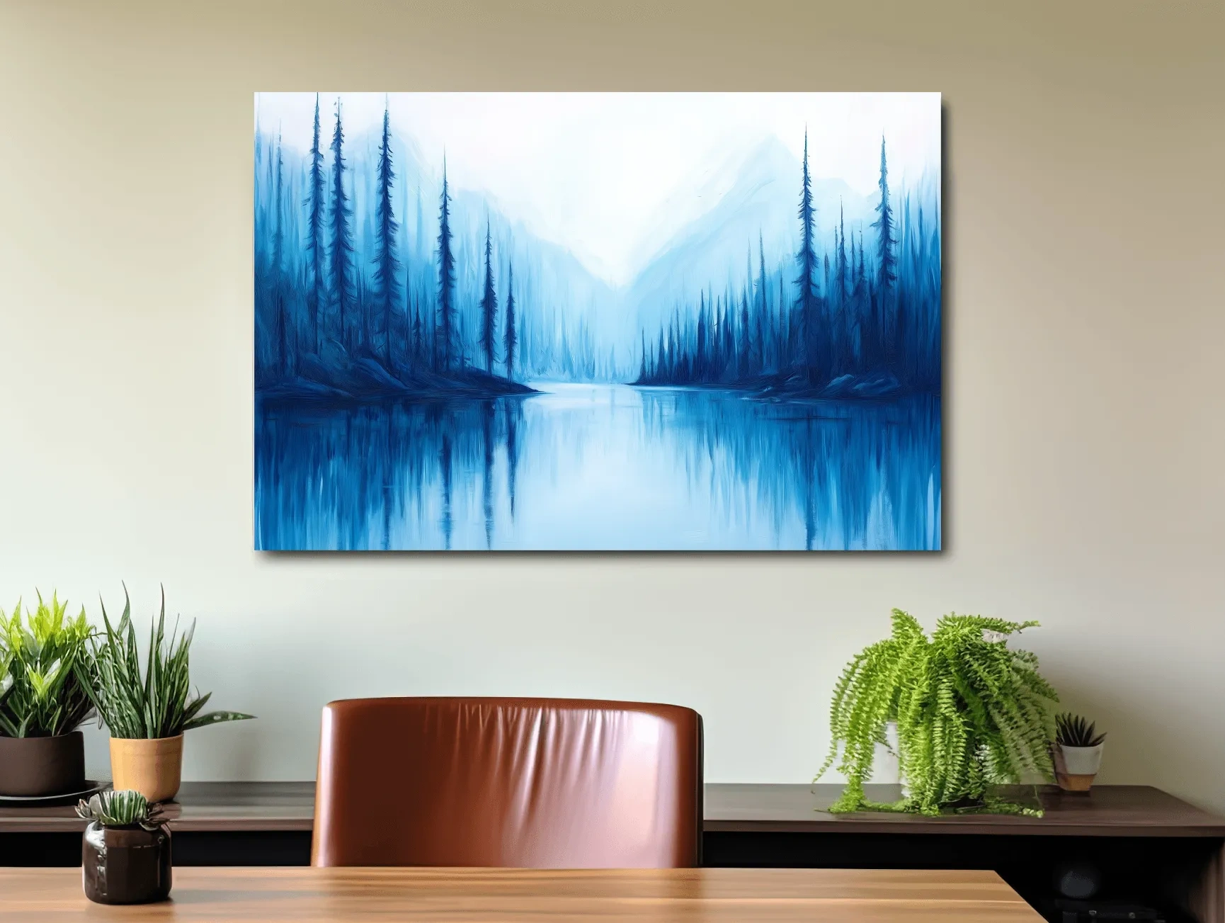 Misty Blue Alpine Lake & Pine Forest - Impressionist Landscape Painting Artwork