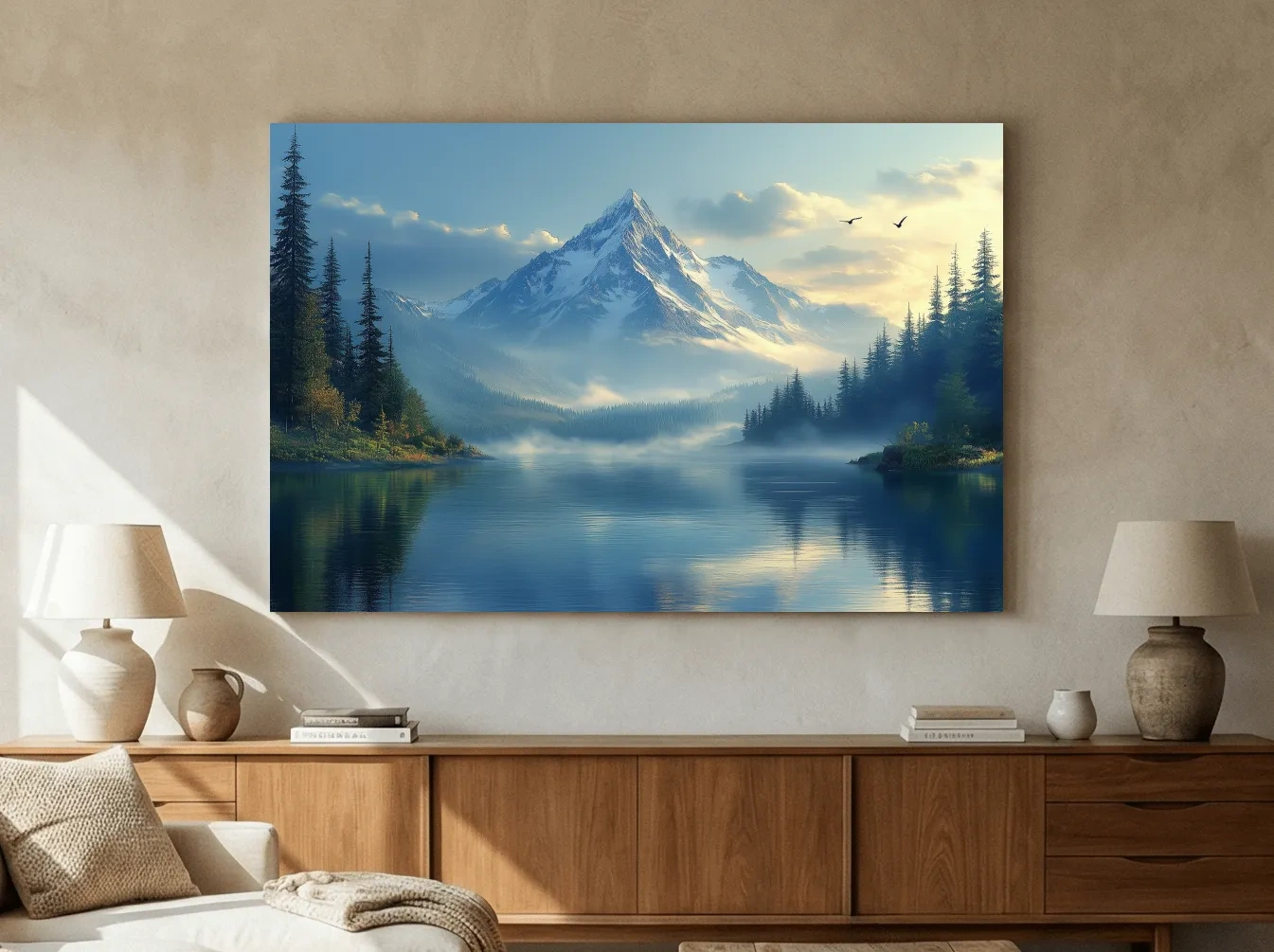 Misty Alpine Mountain Lake Sunset - Pine Forest Artwork