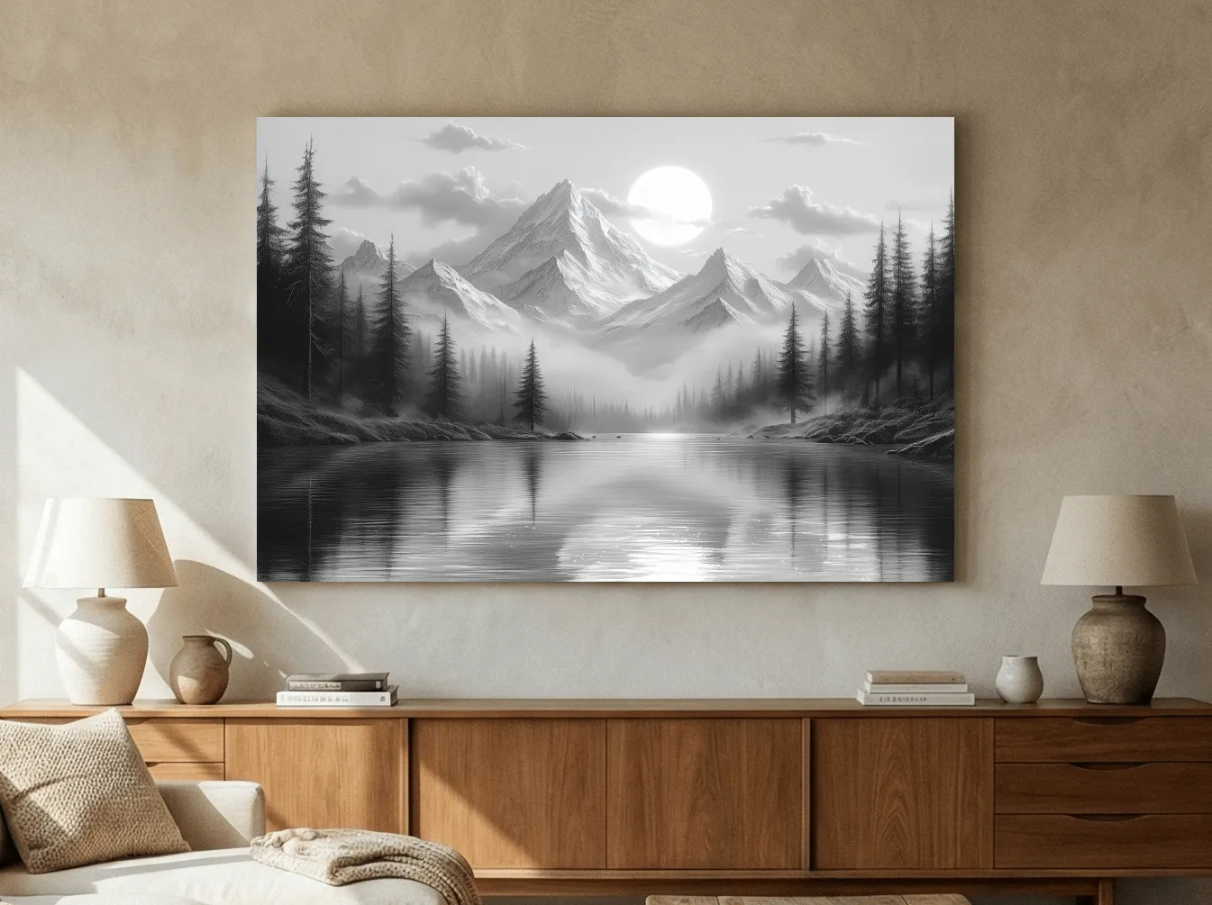 Monochrome Misty Alpine Lake Landscape - Mountain Forest Wall Art