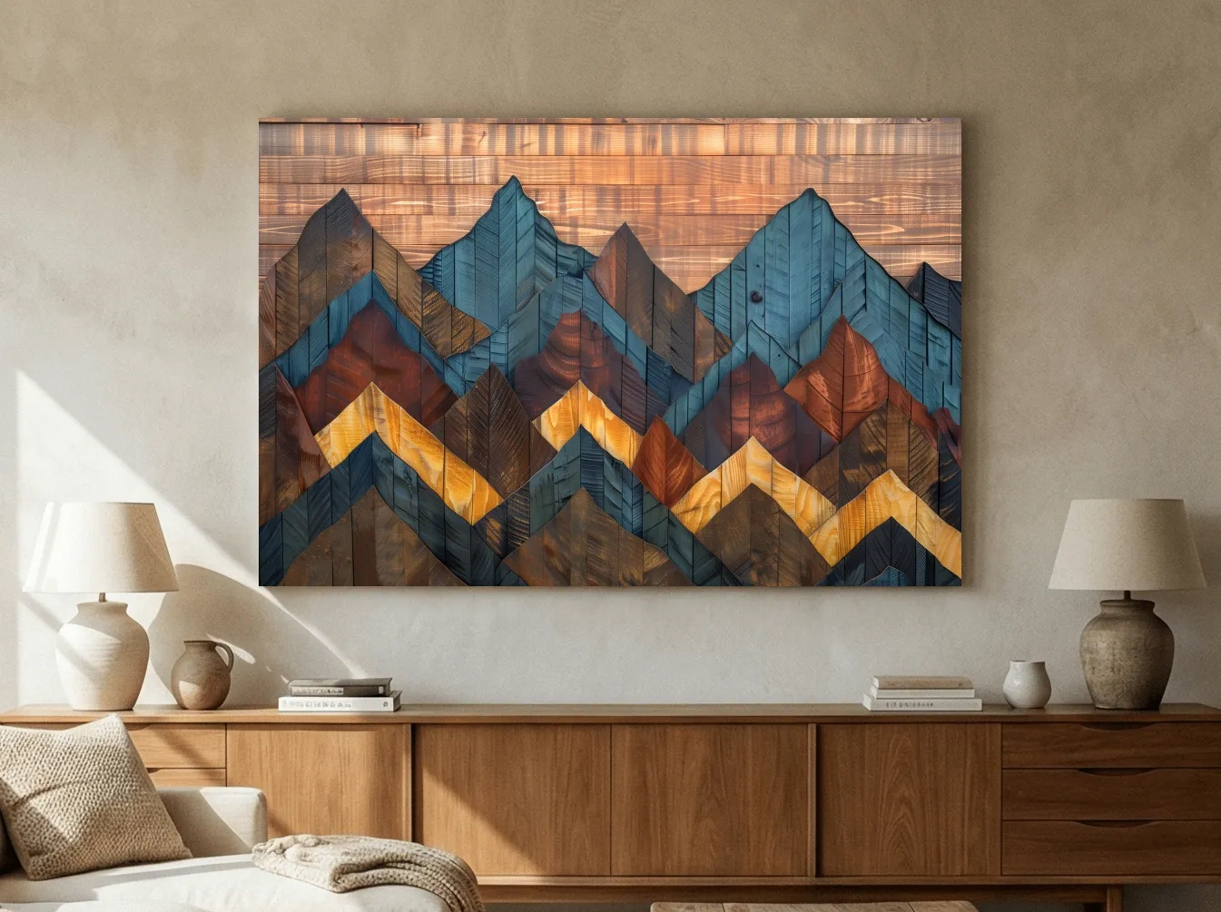 Geometric Wood Grain Mountain Range - Rustic Landscape Artwork