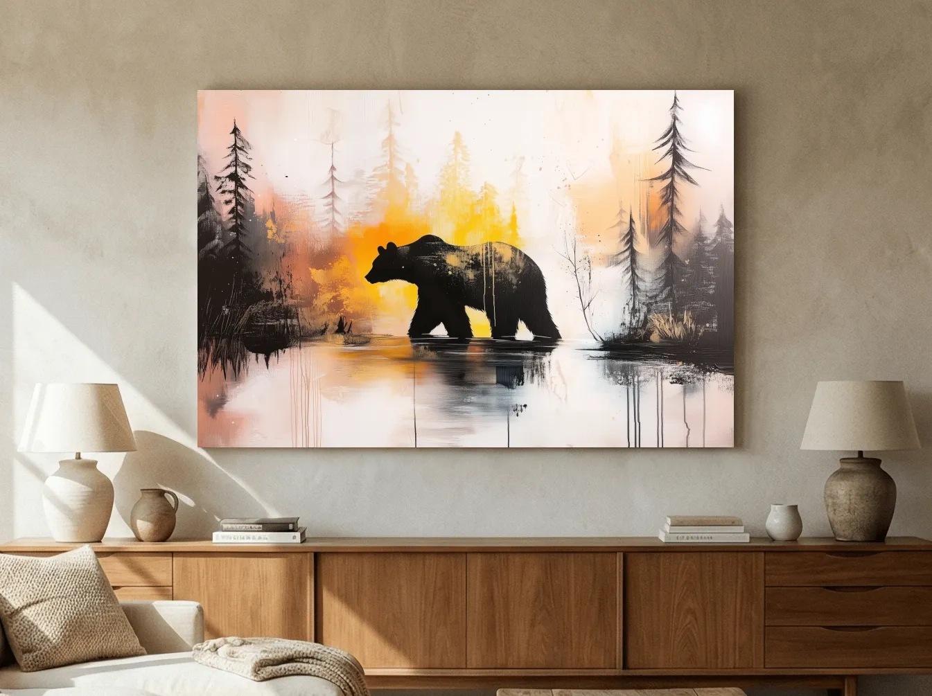 Grizzly Bear Forest Silhouette - Abstract Watercolor Wilderness Wall Art
