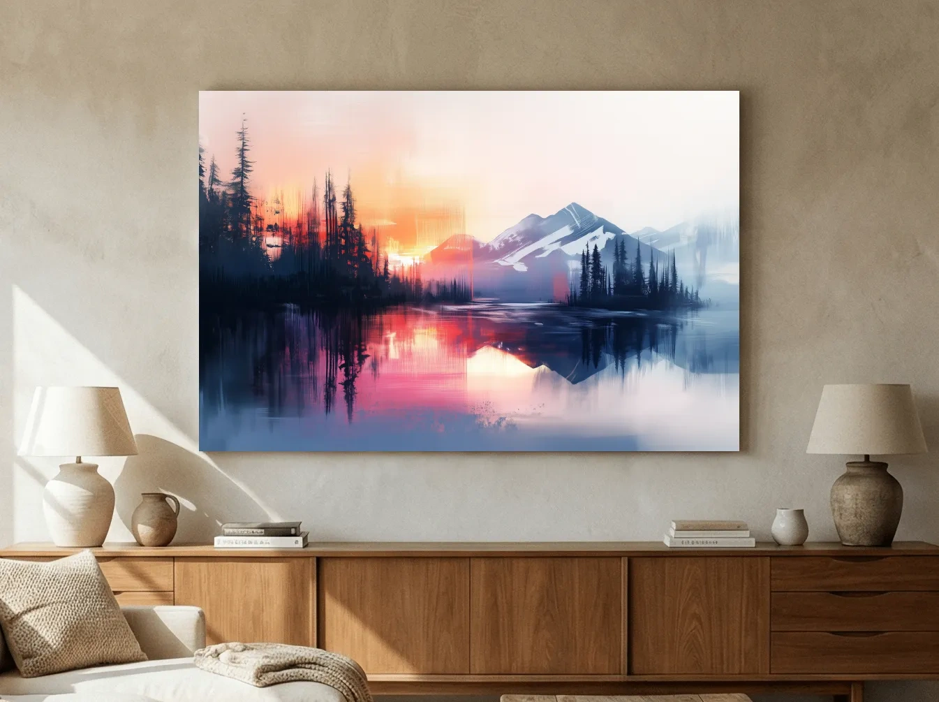 Vibrant Sunset Alpine Mountain Lake Reflection - Abstract Watercolor Forest Wall Art