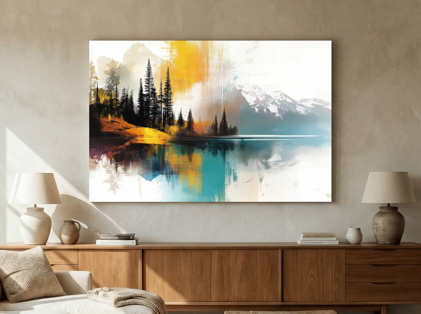 Colorful Abstract Mountain Lake Reflection Painting - Forest Landscape Wall Art