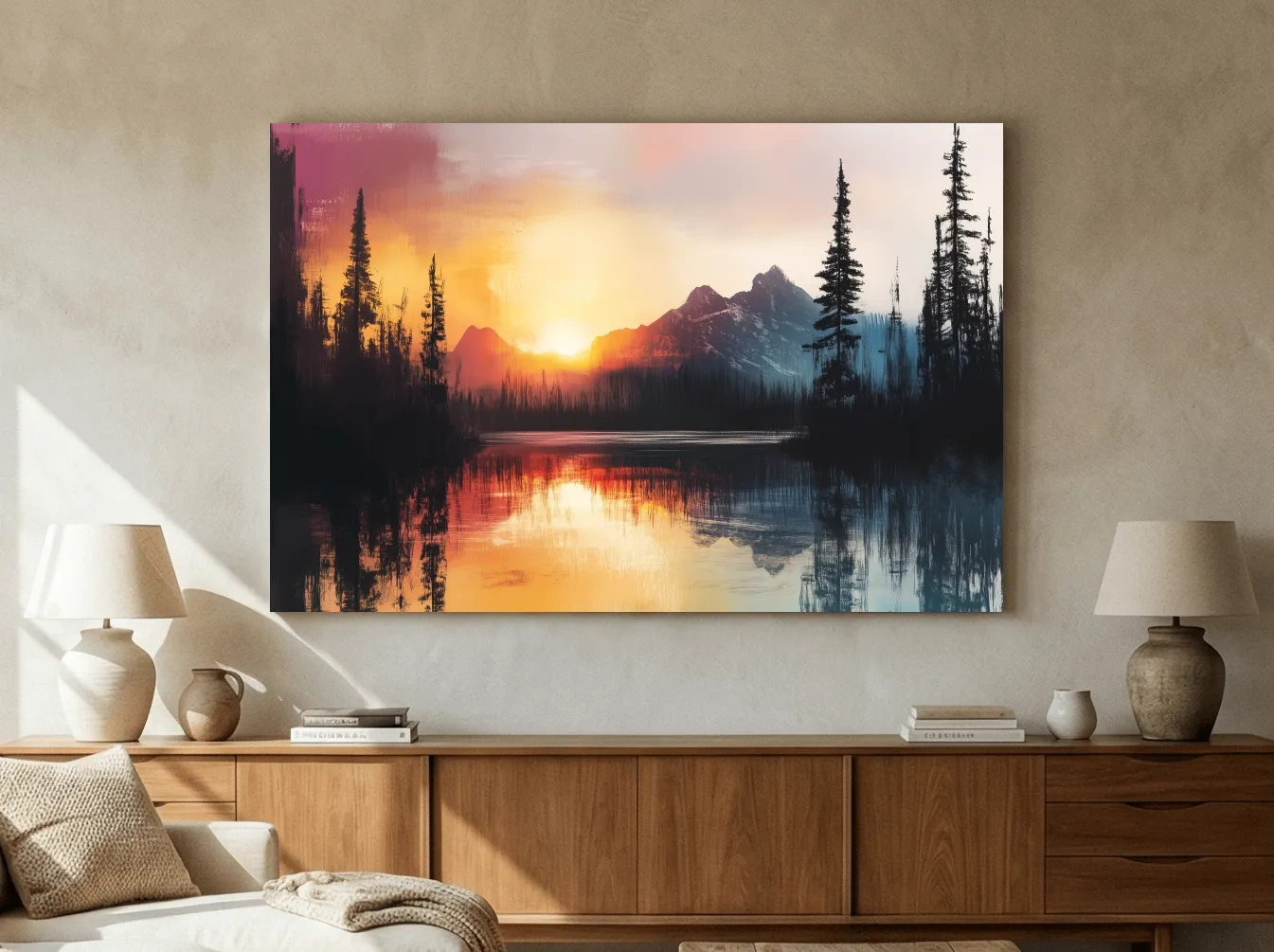 Sunset Mountain Lake Reflection Painting - Dramatic Pine Forest Landscape Wall Art