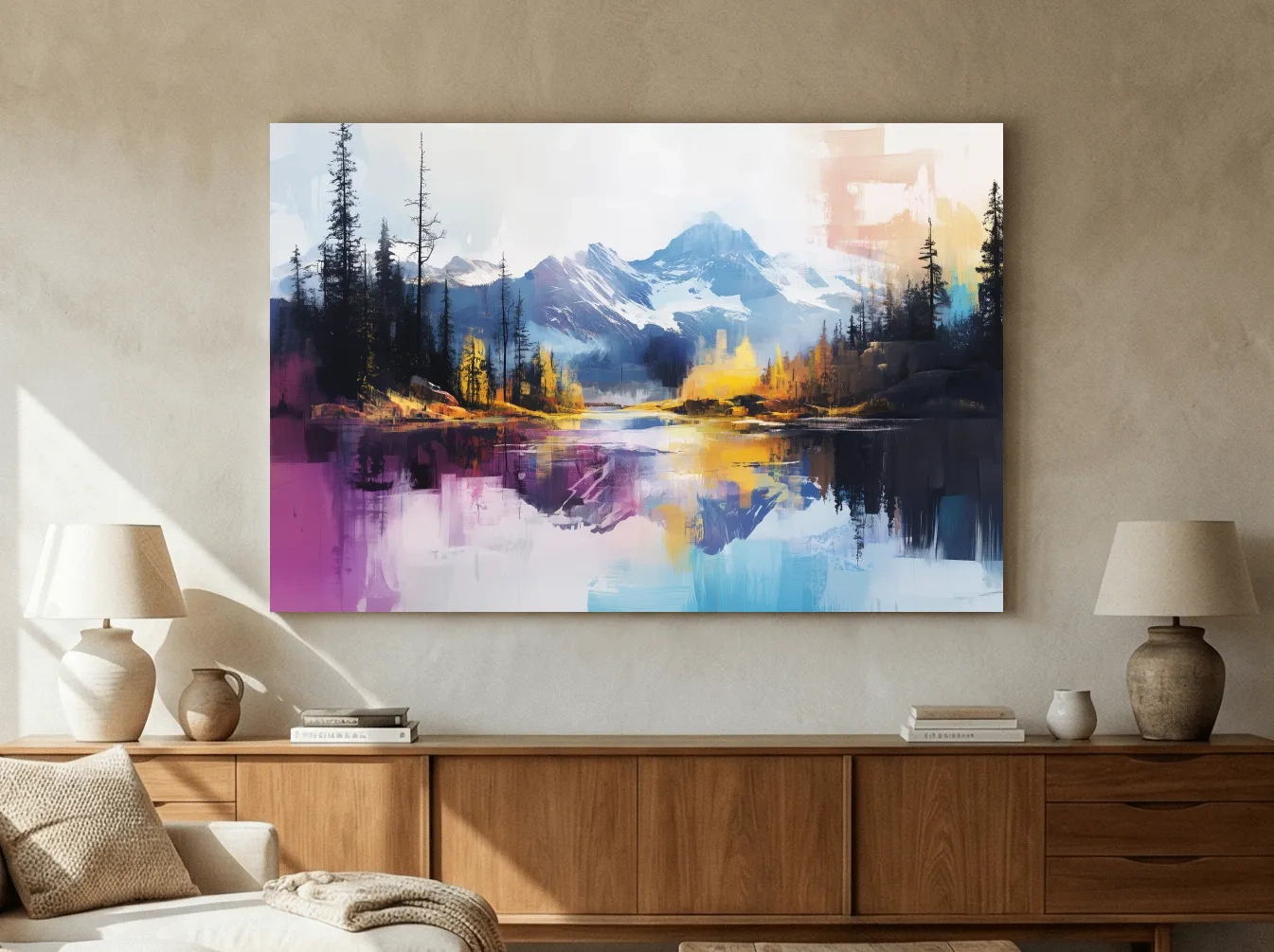 Vibrant Abstract Mountain Lake Reflection Painting - Colorful Modern Landscape Wall Art