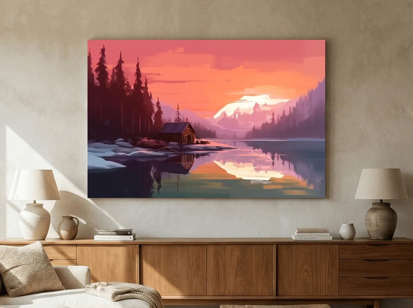Sunset Mountain Lake Cabin Painting - Serene Alpine Landscape Wall Art