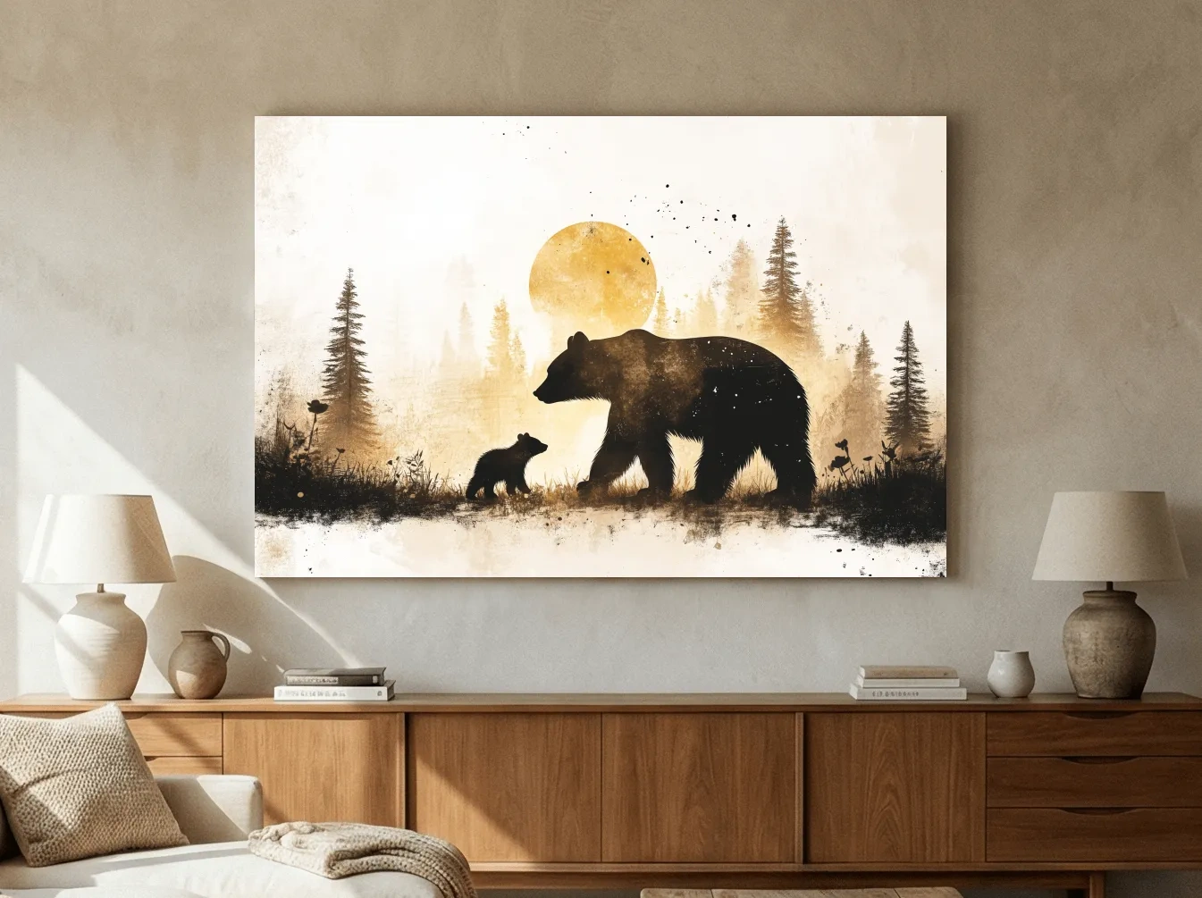 Momma Bear And Cub Watercolor Silhouette - Rustic Forest Wildlife Wall Art