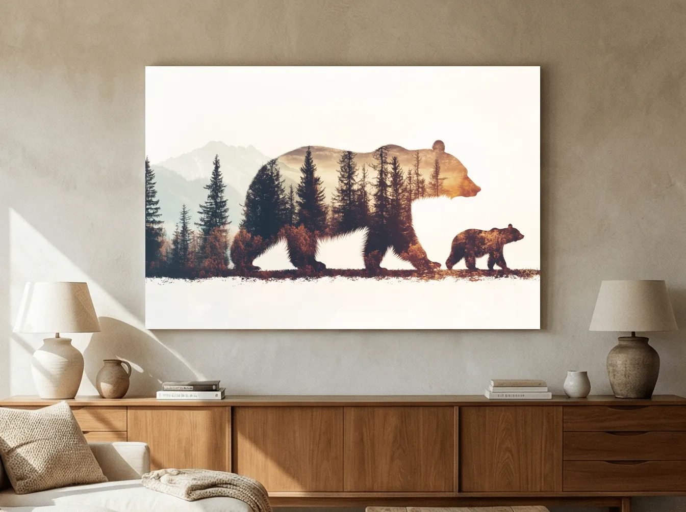 Double exposure forest wall art, momma bear and her cub