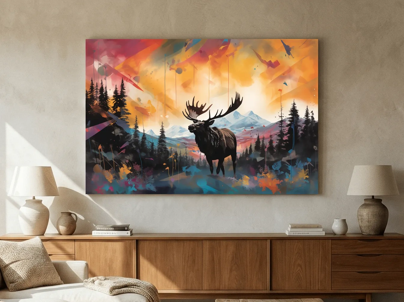 Vibrant Abstract Moose Mountain Painting - Colorful Wildlife Wall Art