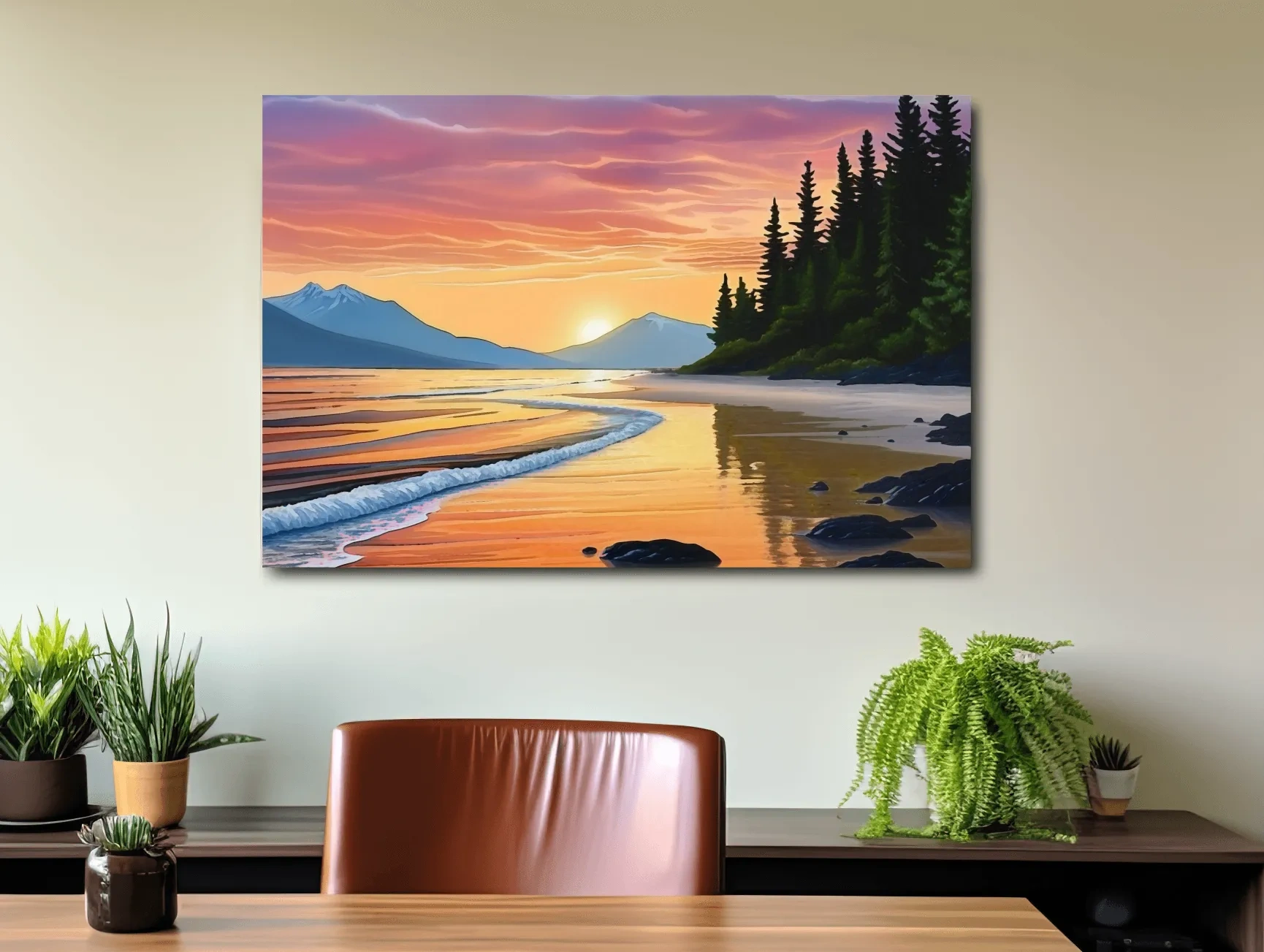 Pacific Northwest artwork, sunset over the beach painting