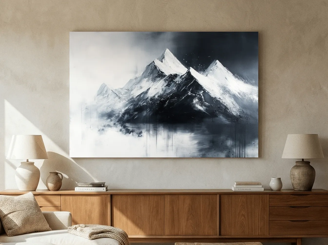 Moody Monochrome Snowcapped Mountain Peaks Painting - Modern Minimalist Wall Art