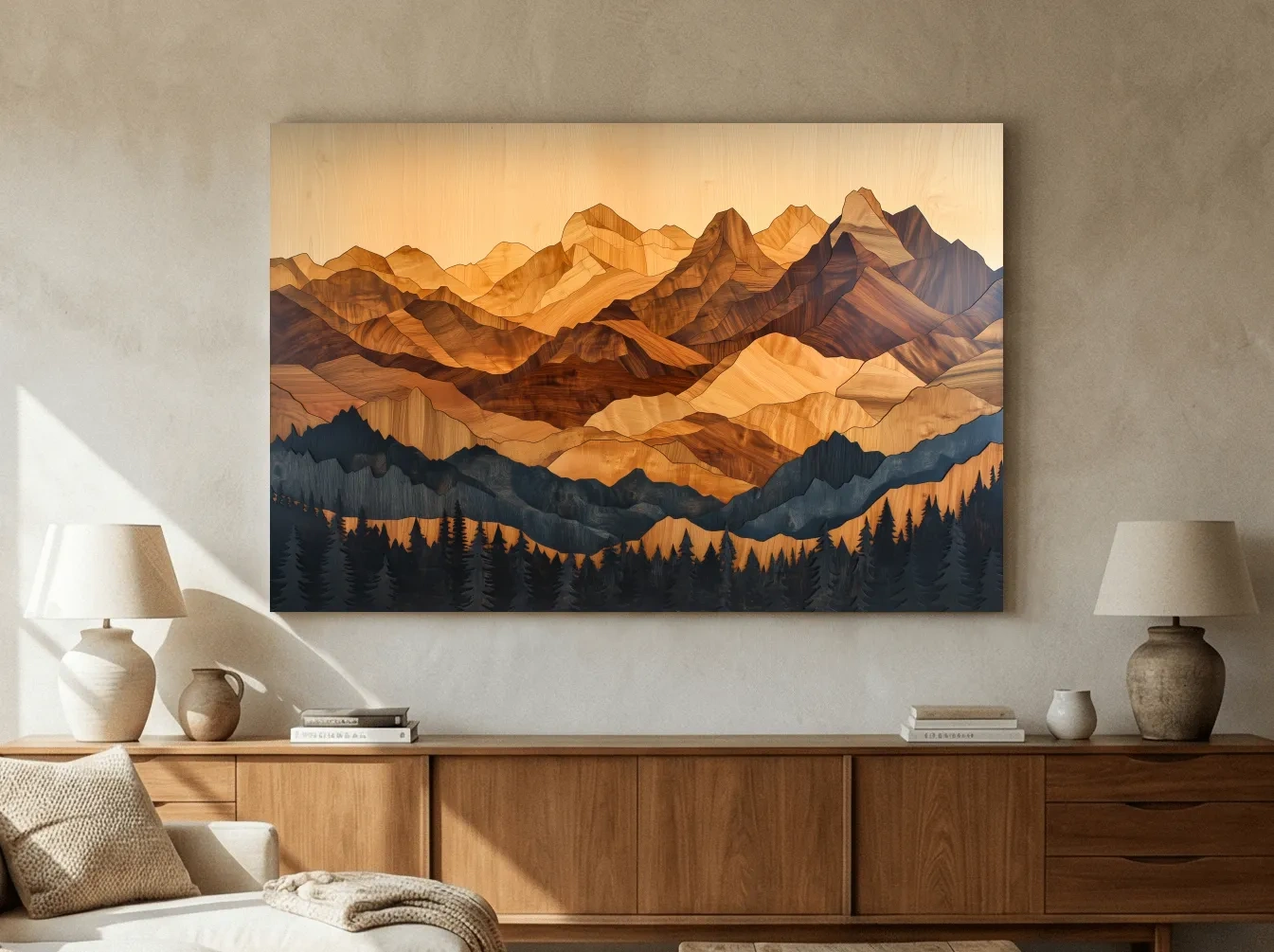 Layered Woodcut Intarsia Mountain Range Landscape - Peaks And Pine Forest Wall Art