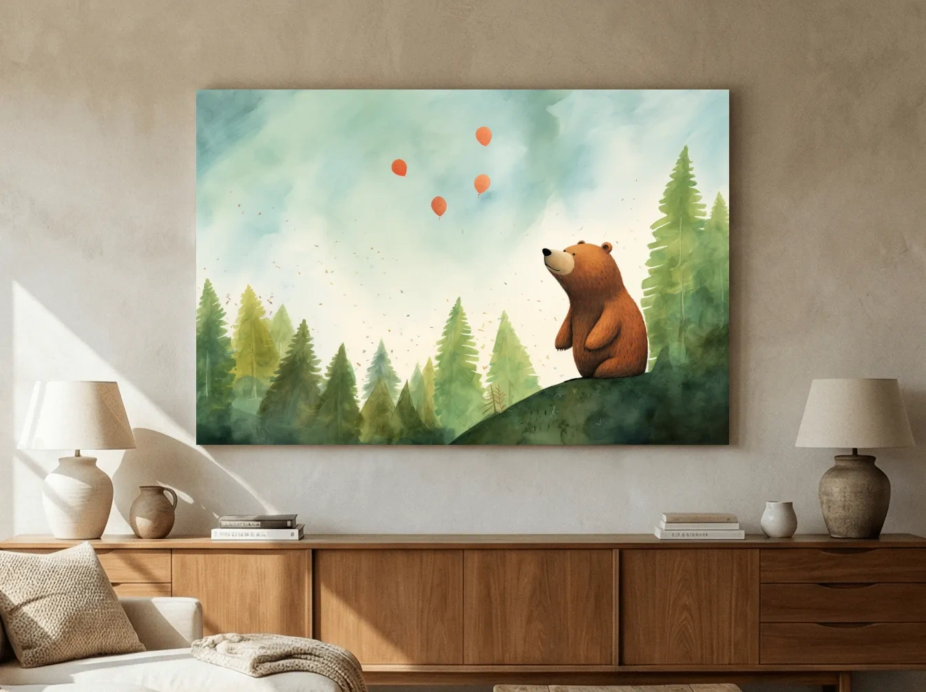 Whimsical Watercolor Bear Watching Balloons - Cute Nursery Forest Wall Art